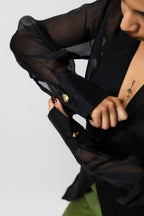 Sheer Organza Blazer Shirt with Metallic Buttons – Black
