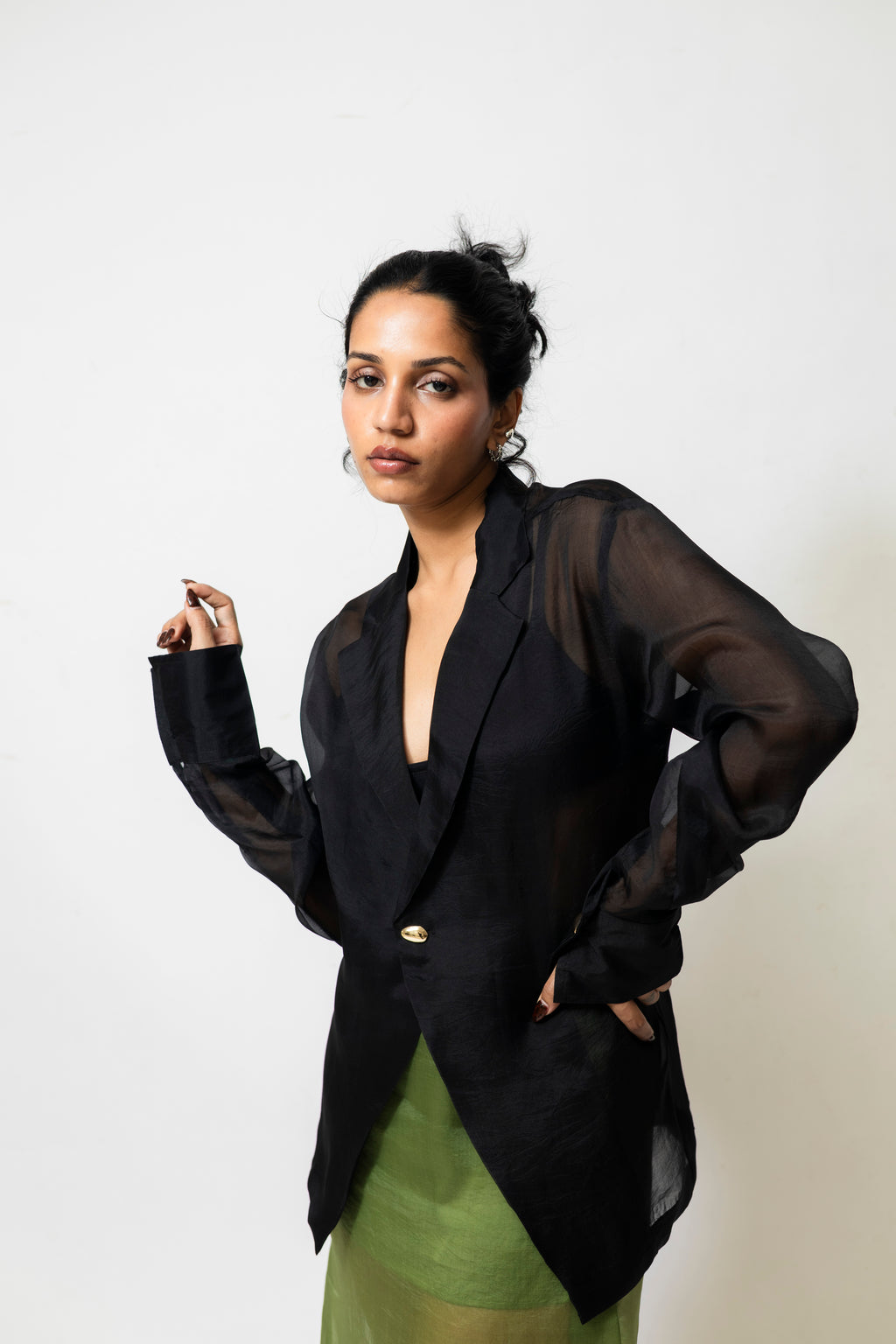 Sheer Organza Blazer Shirt with Metallic Buttons – Black