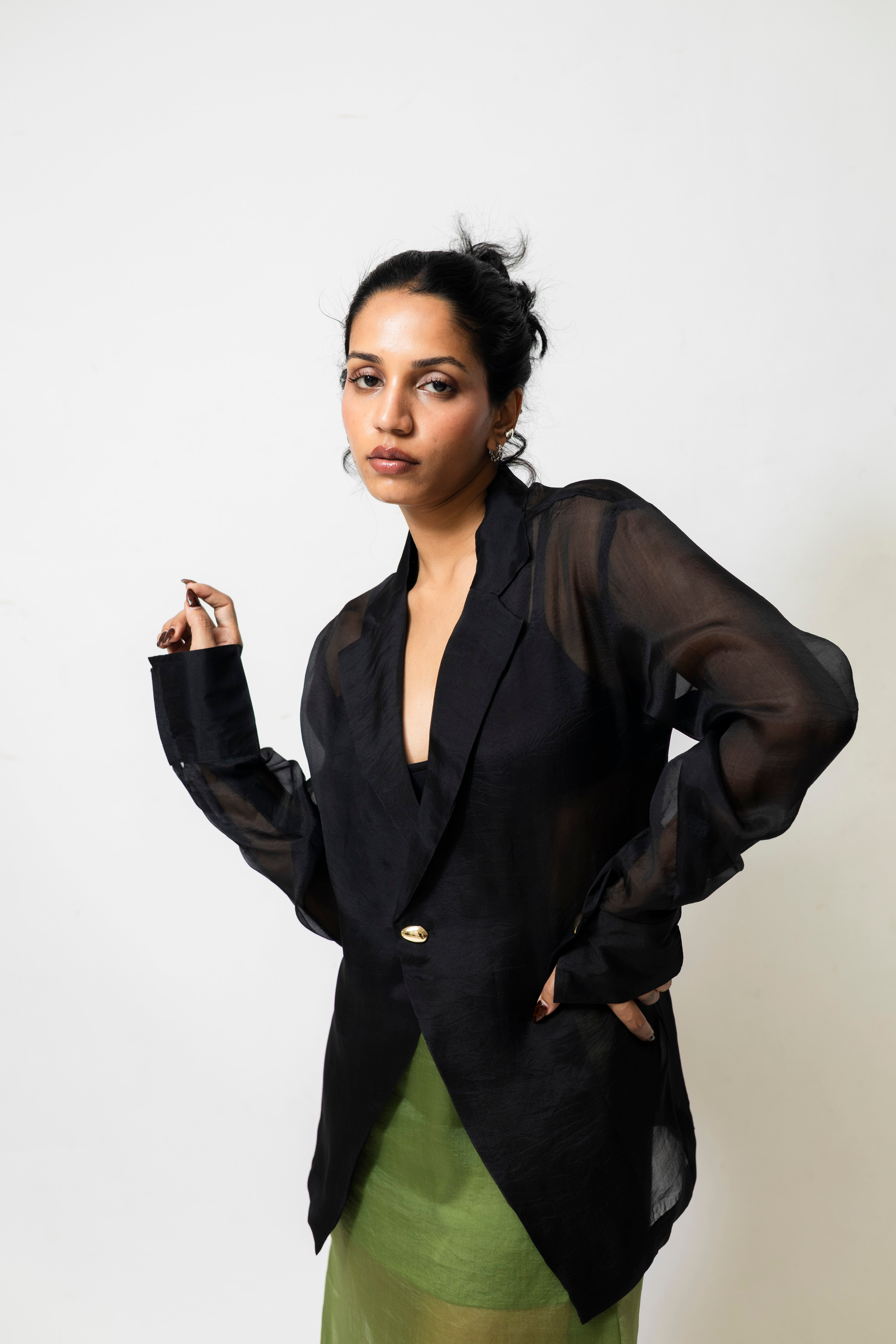 Sheer Organza Blazer Shirt with Metallic Buttons – Black