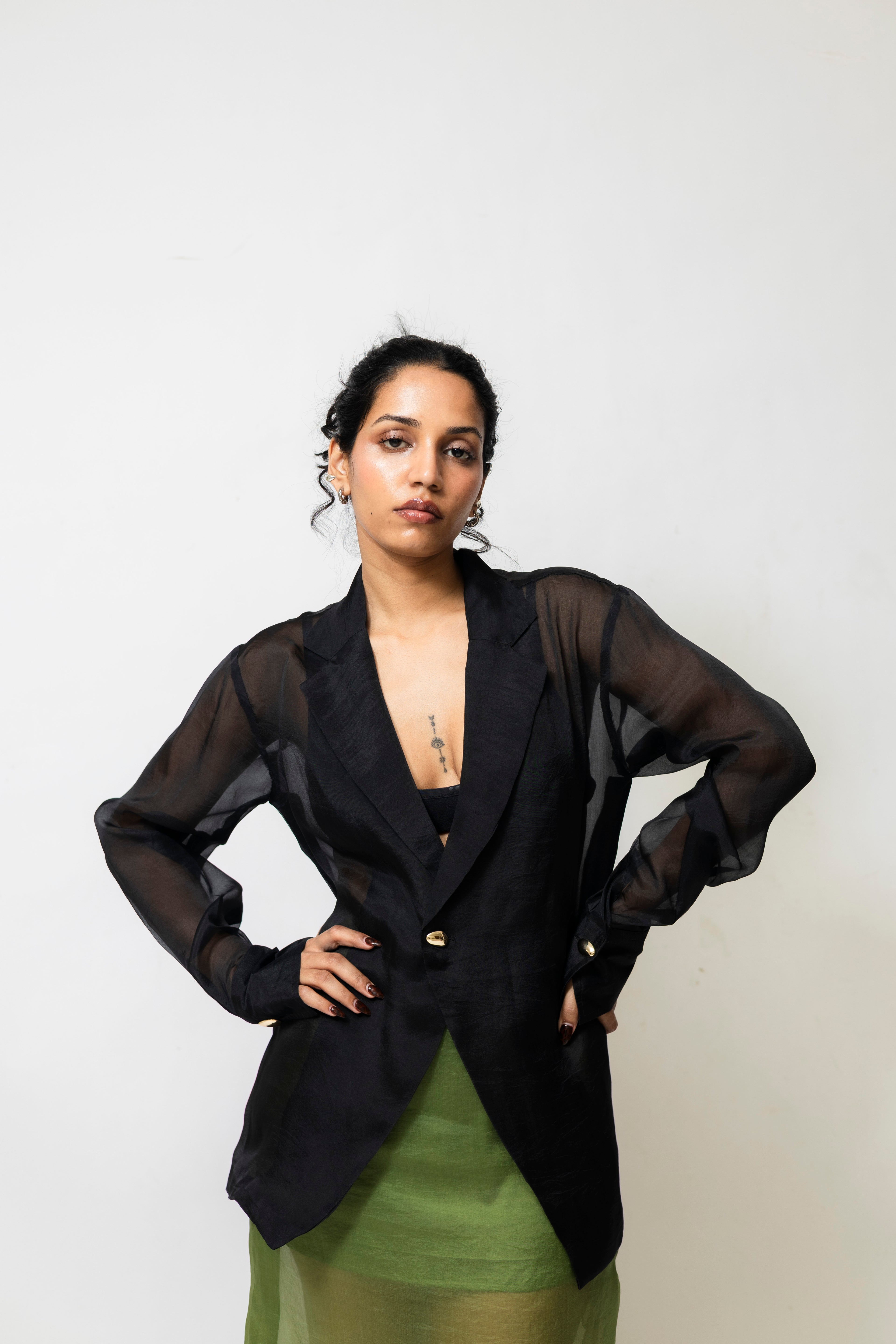 Sheer Organza Blazer Shirt with Metallic Buttons – Black