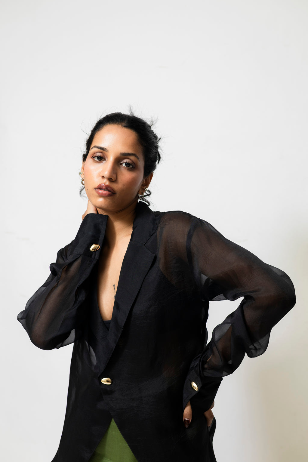 Sheer Organza Blazer Shirt with Metallic Buttons – Black