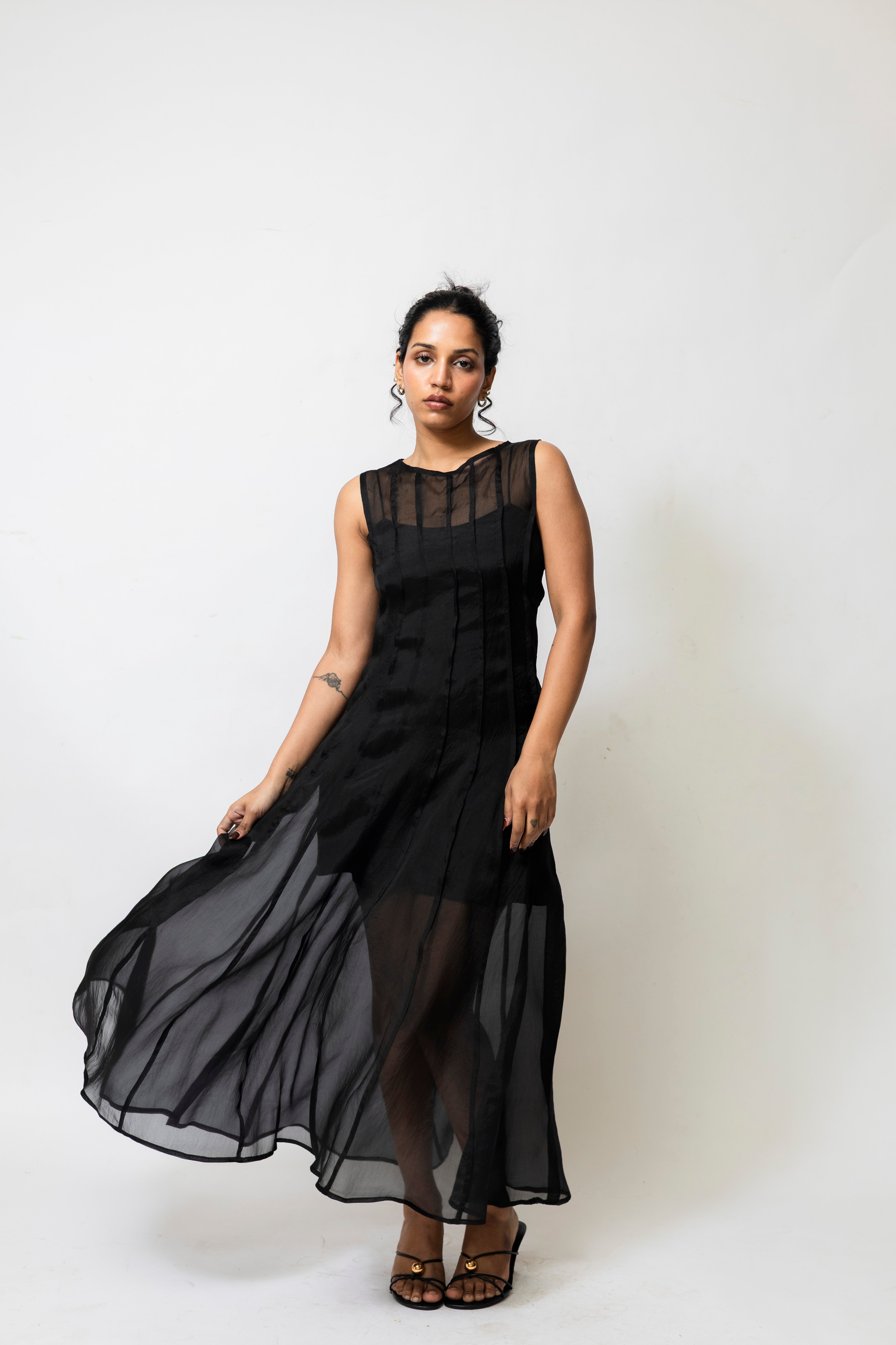 Sheer Organza Midi Dress with Satin Slip – Black