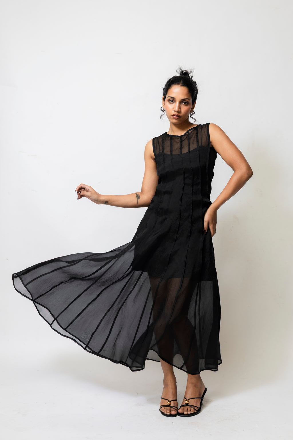 Sheer Organza Midi Dress with Satin Slip – Black
