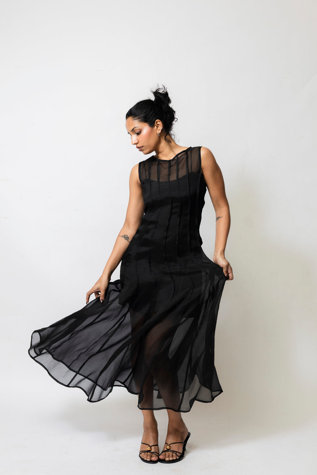 Sheer Organza Midi Dress with Satin Slip – Black