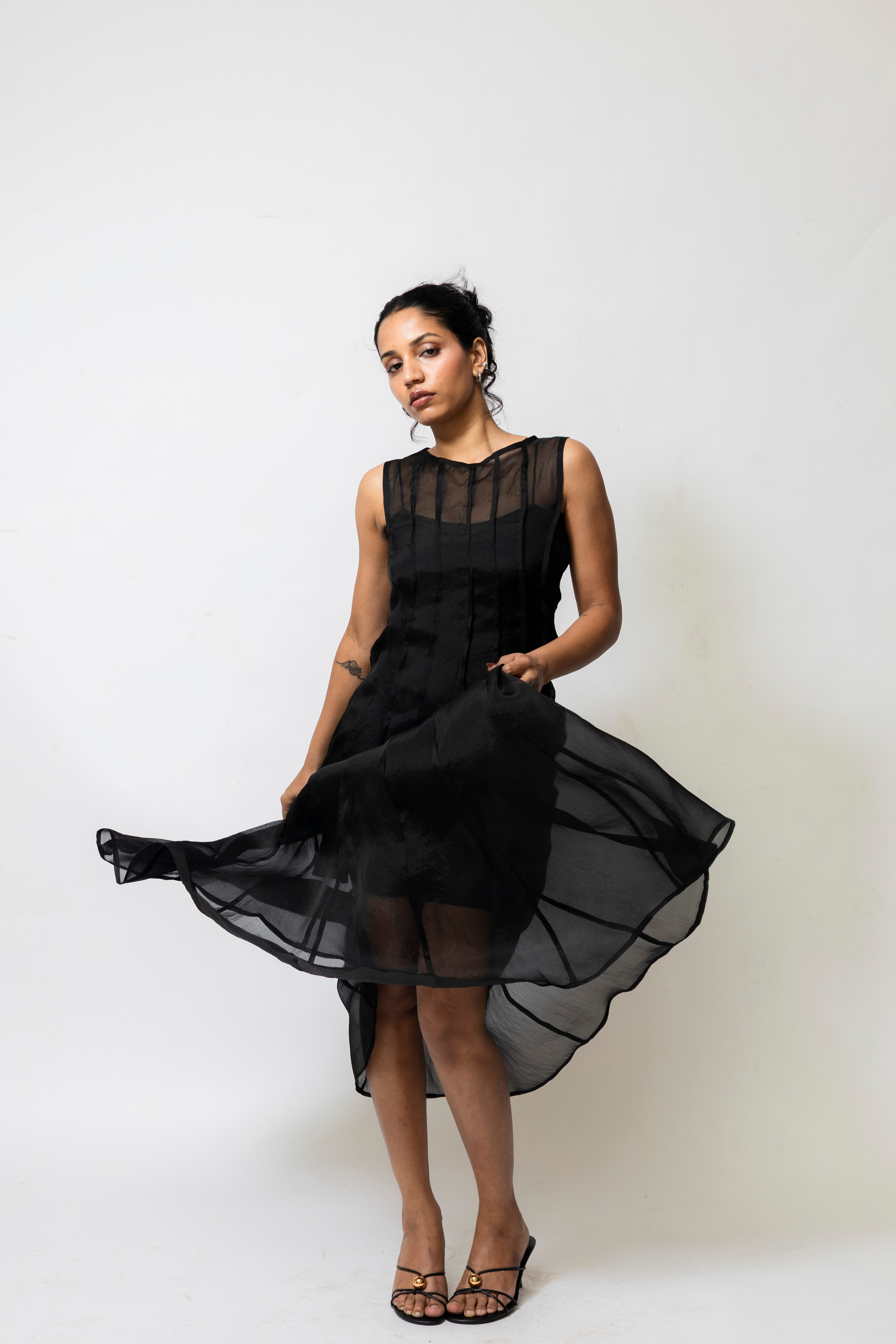 Sheer Organza Midi Dress with Satin Slip – Black