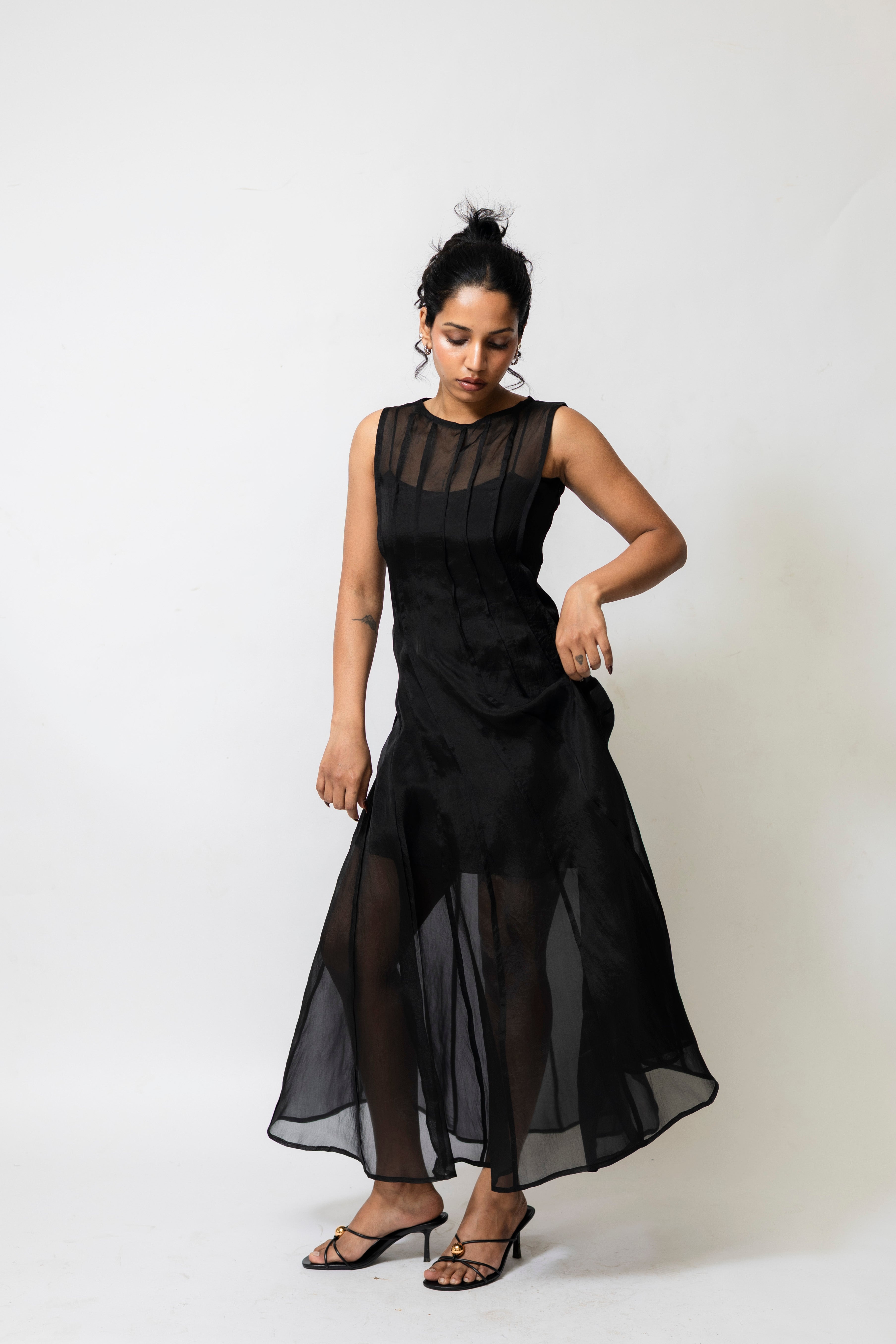 Sheer Organza Midi Dress with Satin Slip – Black