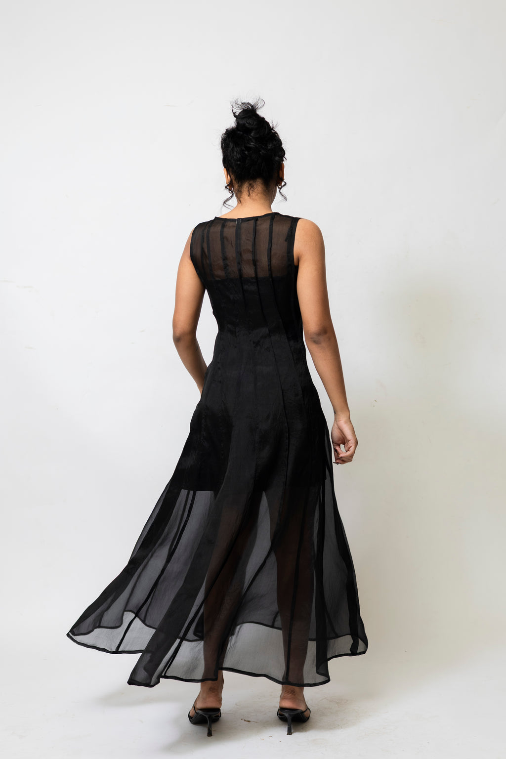 Sheer Organza Midi Dress with Satin Slip – Black
