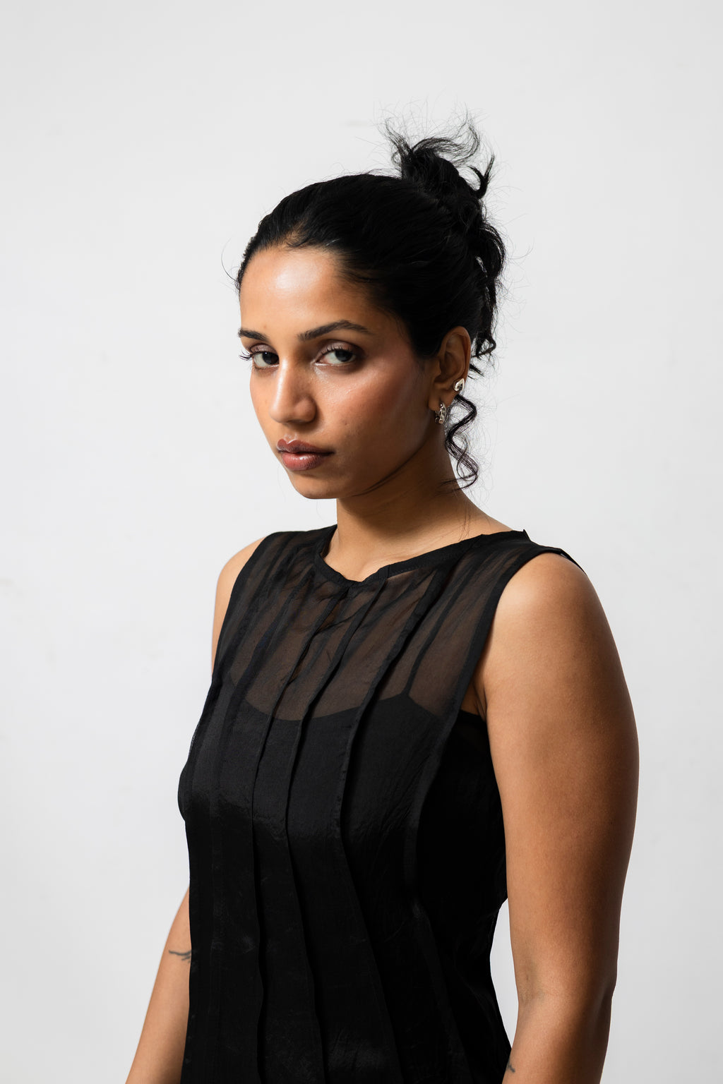 Sheer Organza Midi Dress with Satin Slip – Black