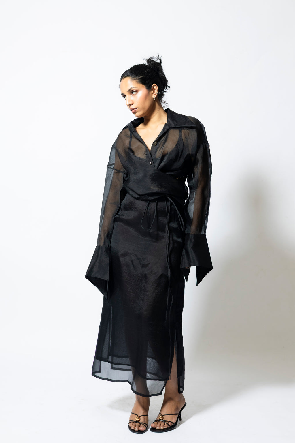Women’s Sheer Organza Wrap Shirt with Tie Waist | Black