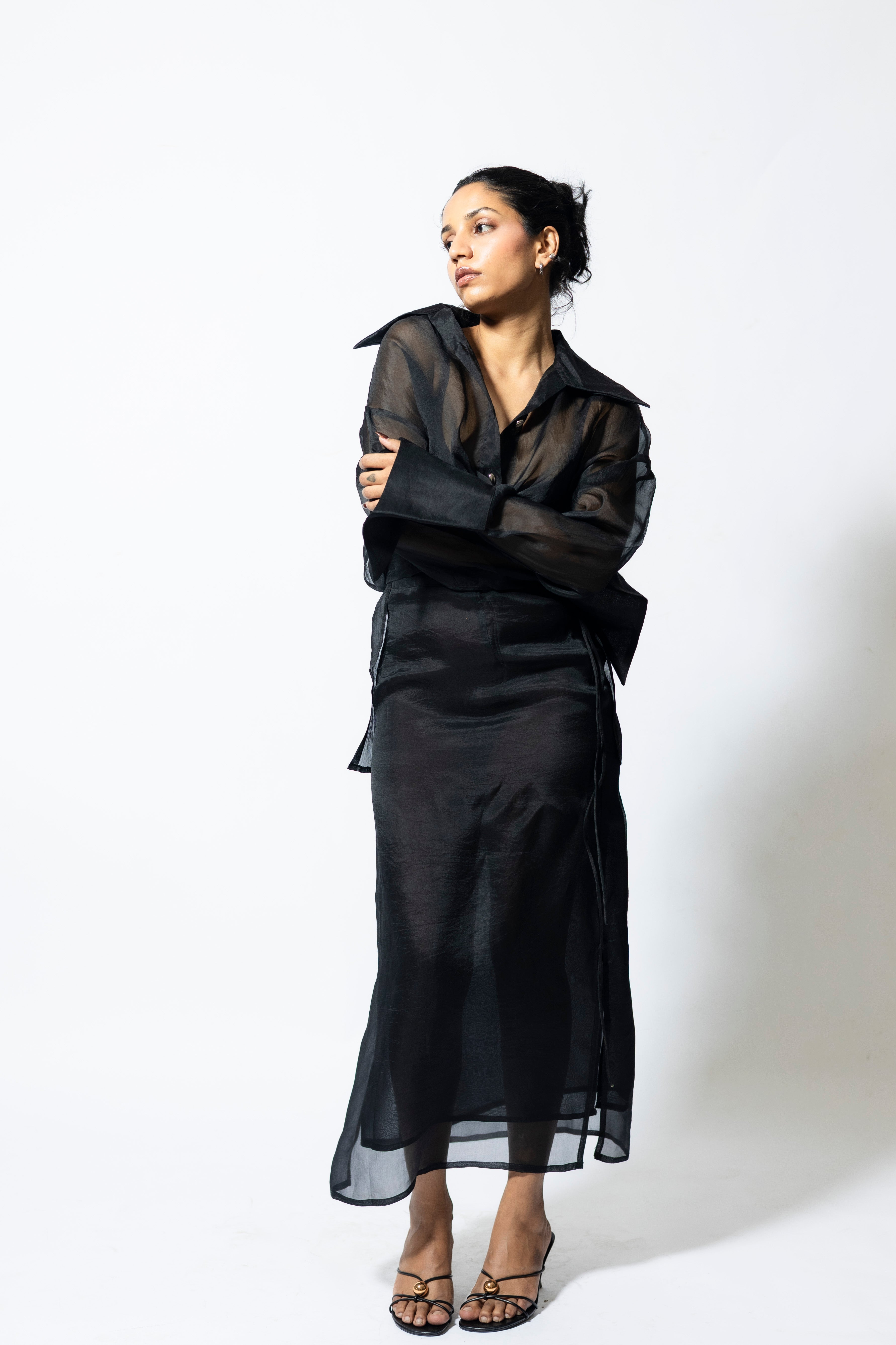 Women’s Sheer Organza Wrap Shirt with Tie Waist | Black