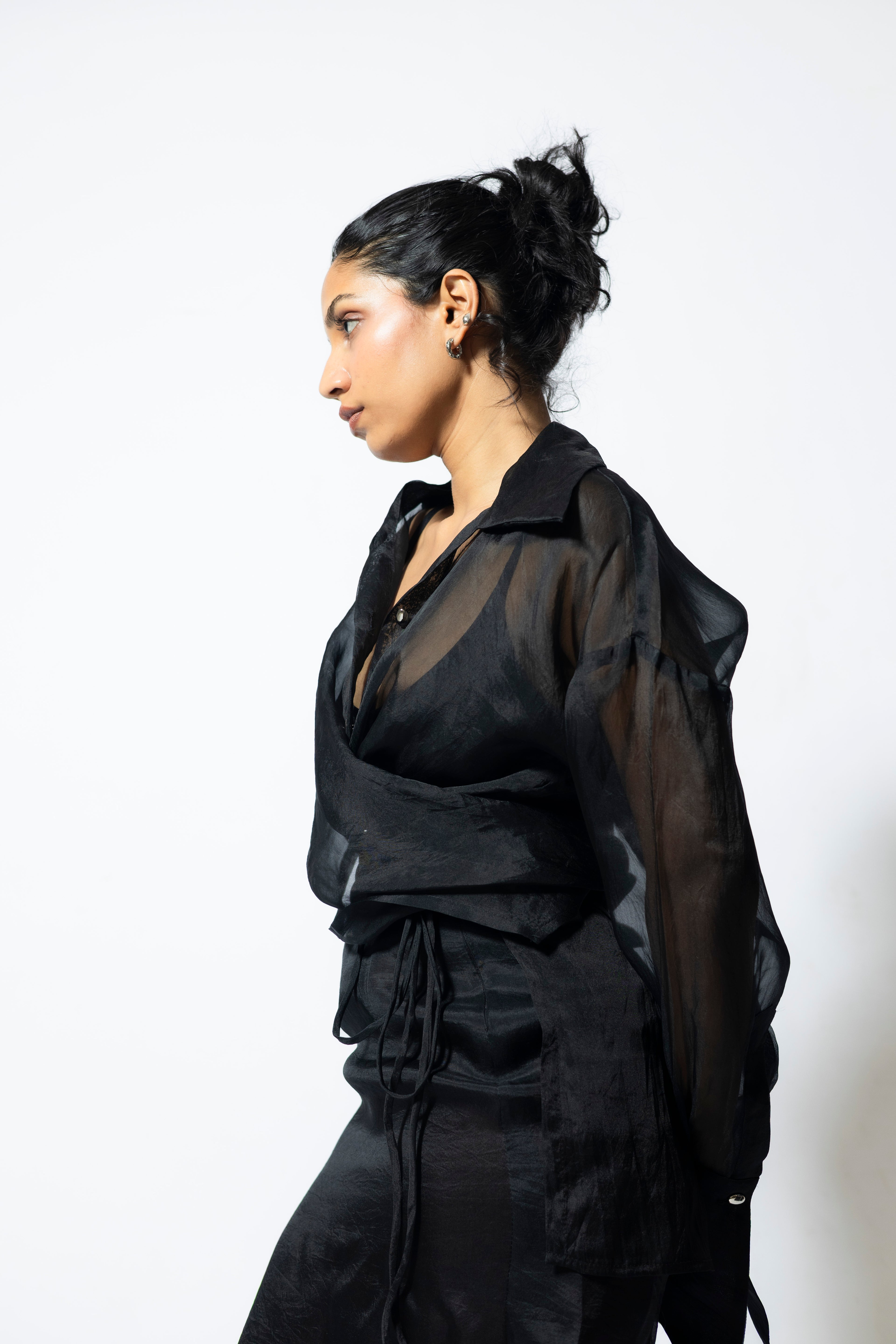 Women’s Sheer Organza Wrap Shirt with Tie Waist | Black