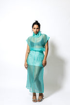 Sheer Organza Cowl Neck Top with Cap Sleeves – Aqua