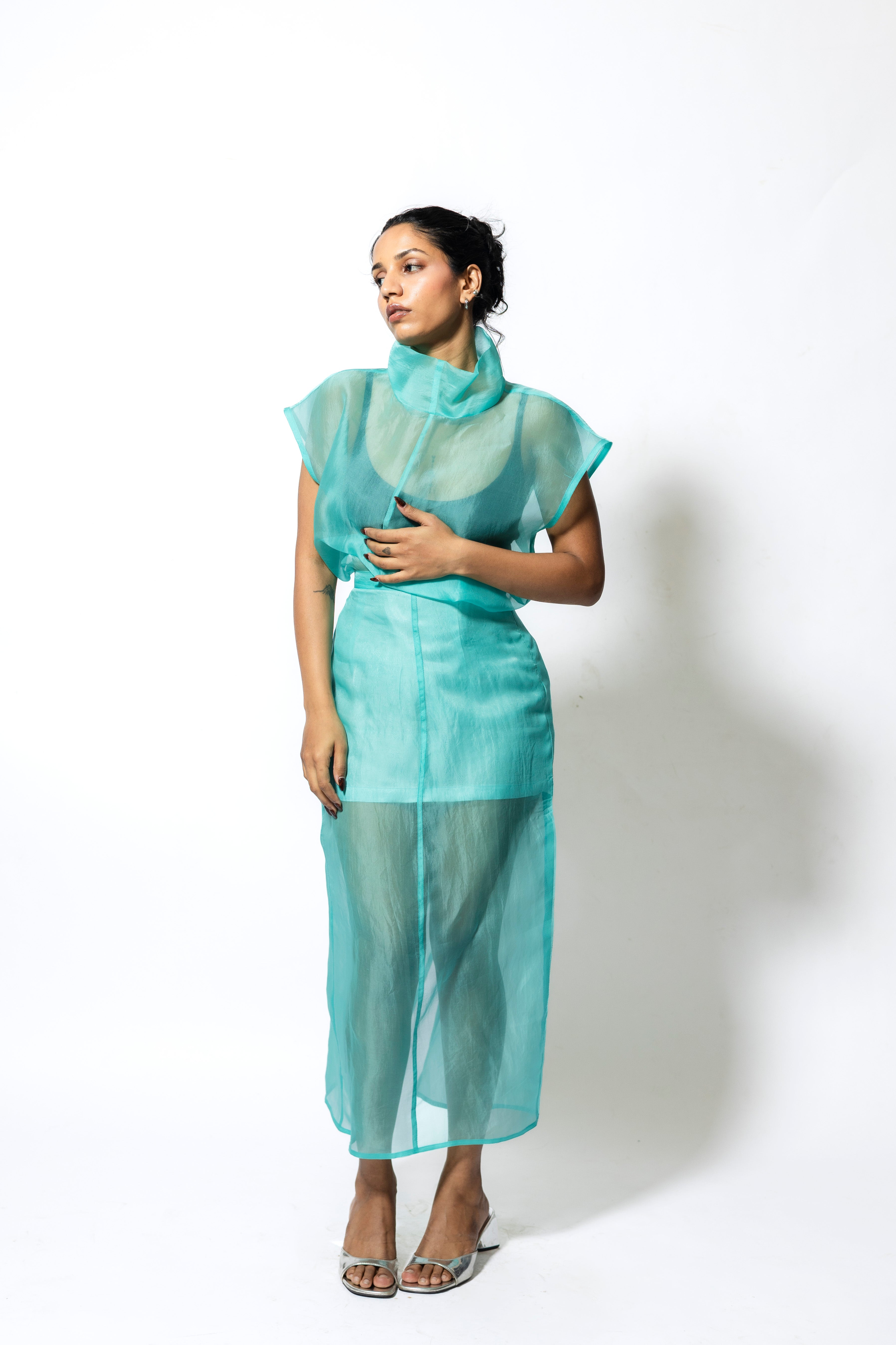 Women’s Sheer Organza Midi Skirt with Satin Lining – Aqua