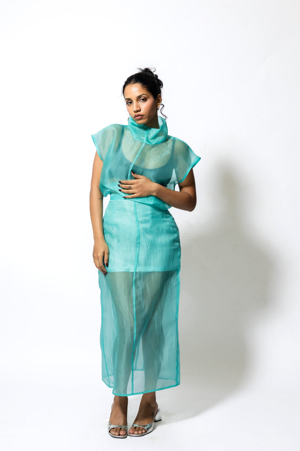 Women’s Sheer Organza Midi Skirt with Satin Lining – Aqua