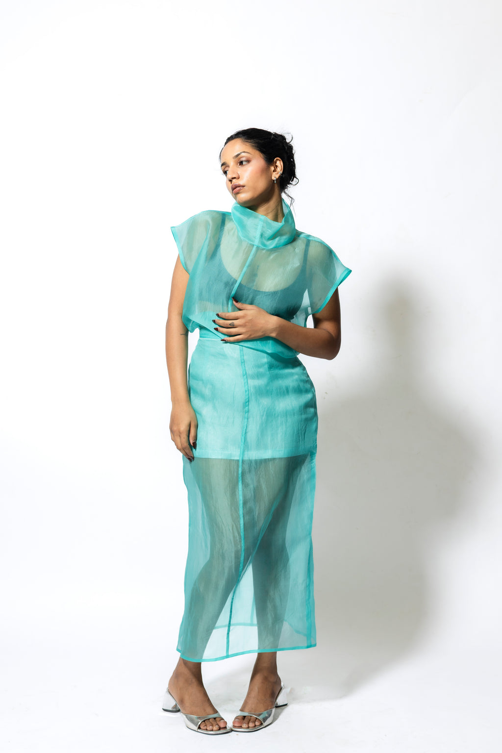 Women’s Sheer Organza Midi Skirt with Satin Lining – Aqua