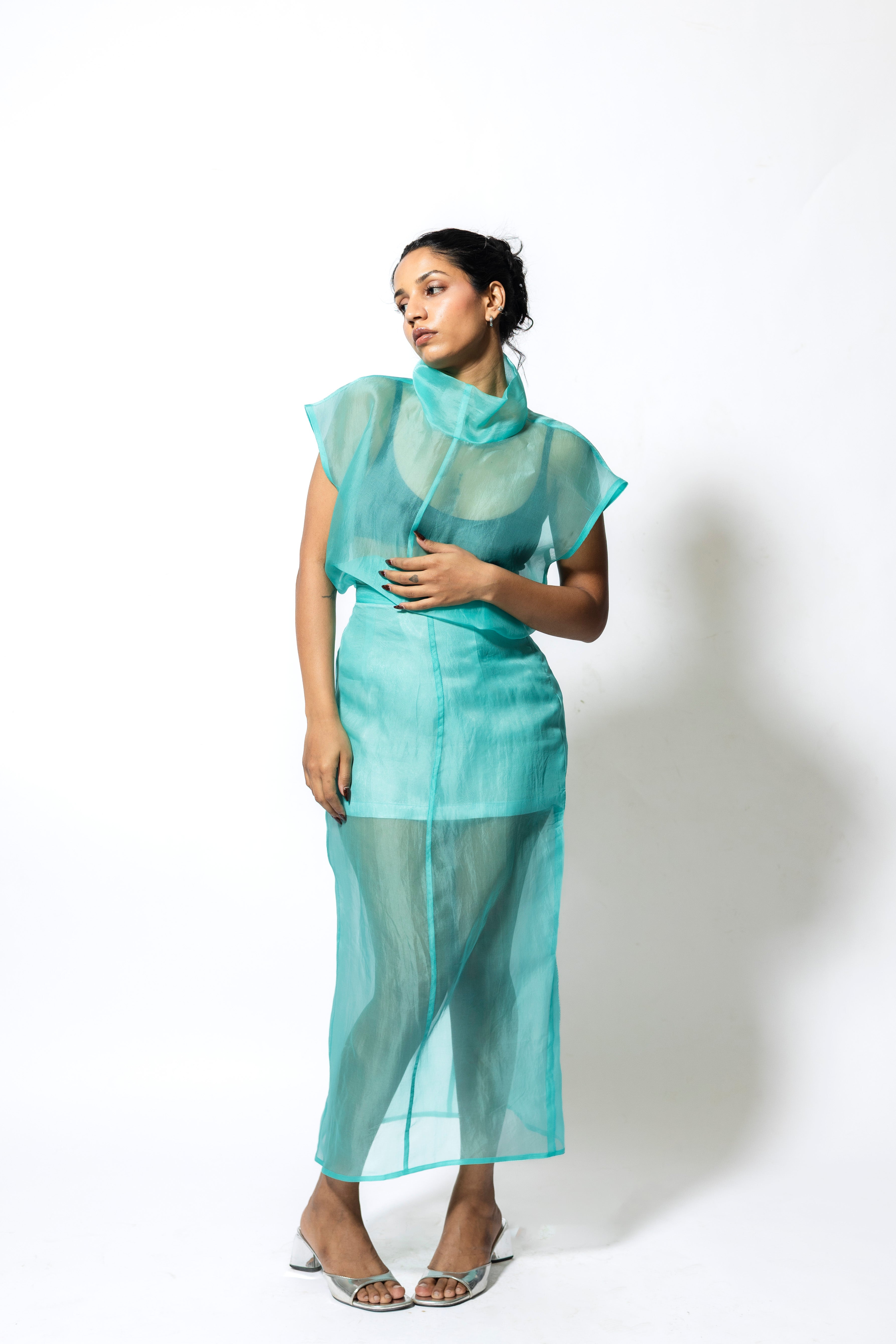 Women’s Sheer Organza Midi Skirt with Satin Lining – Aqua
