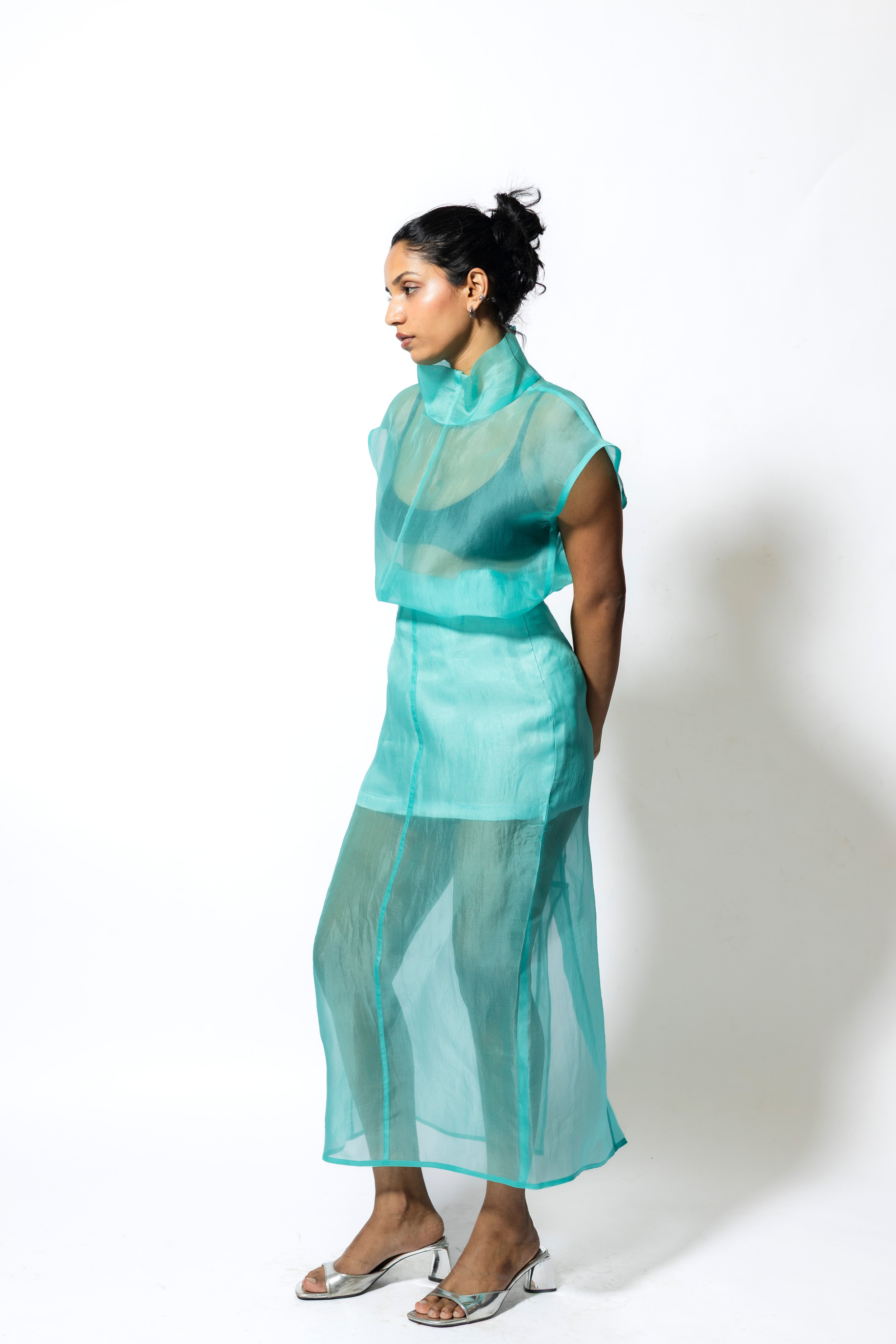 Women’s Sheer Organza Midi Skirt with Satin Lining – Aqua