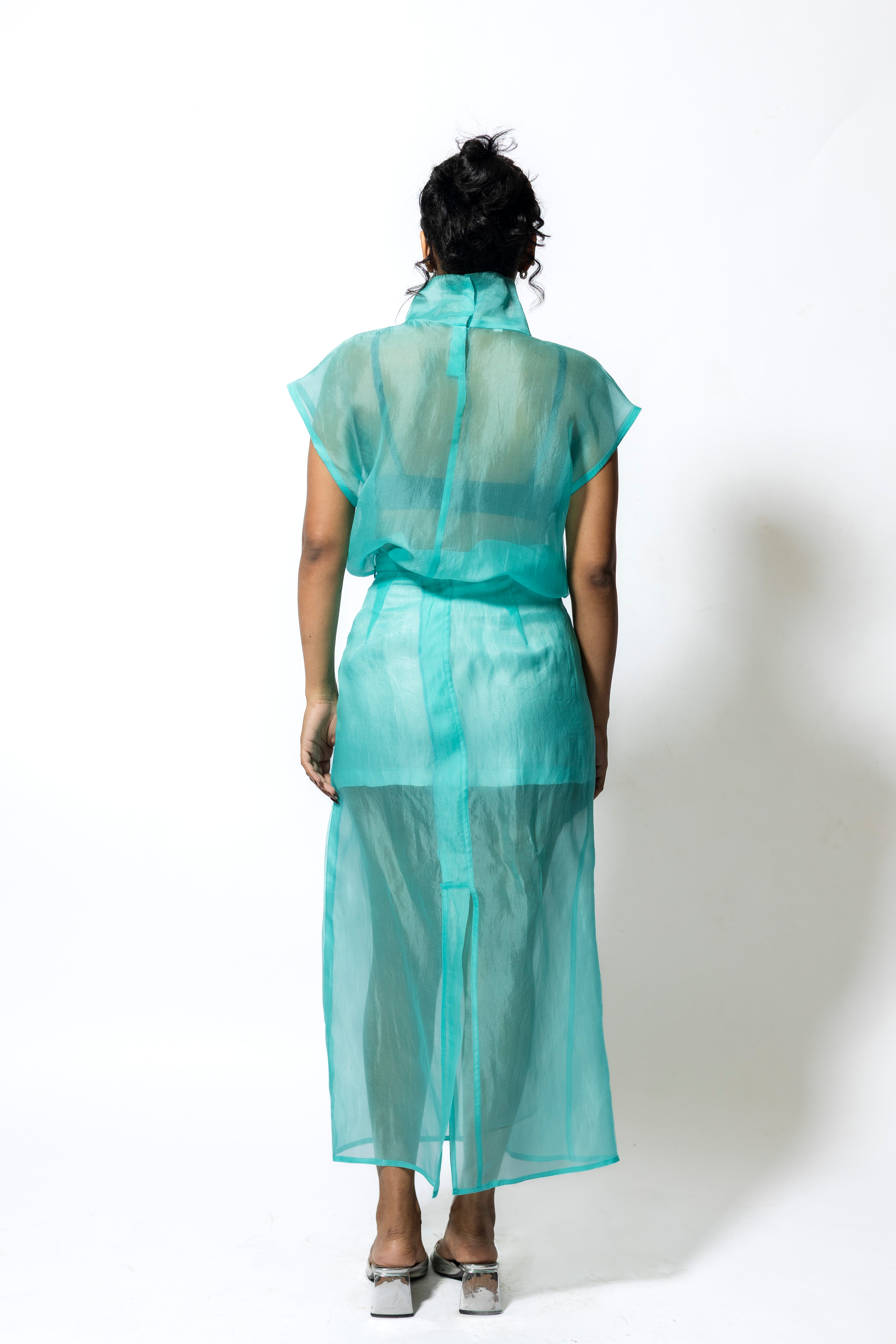 Women’s Sheer Organza Midi Skirt with Satin Lining – Aqua