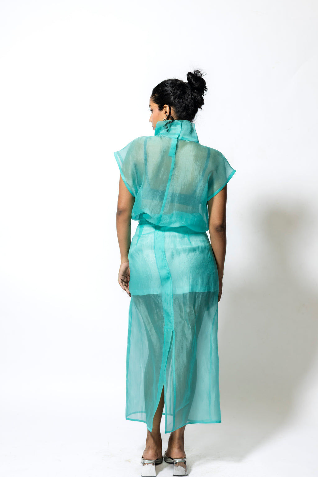 Sheer Organza Cowl Neck Top with Cap Sleeves – Aqua