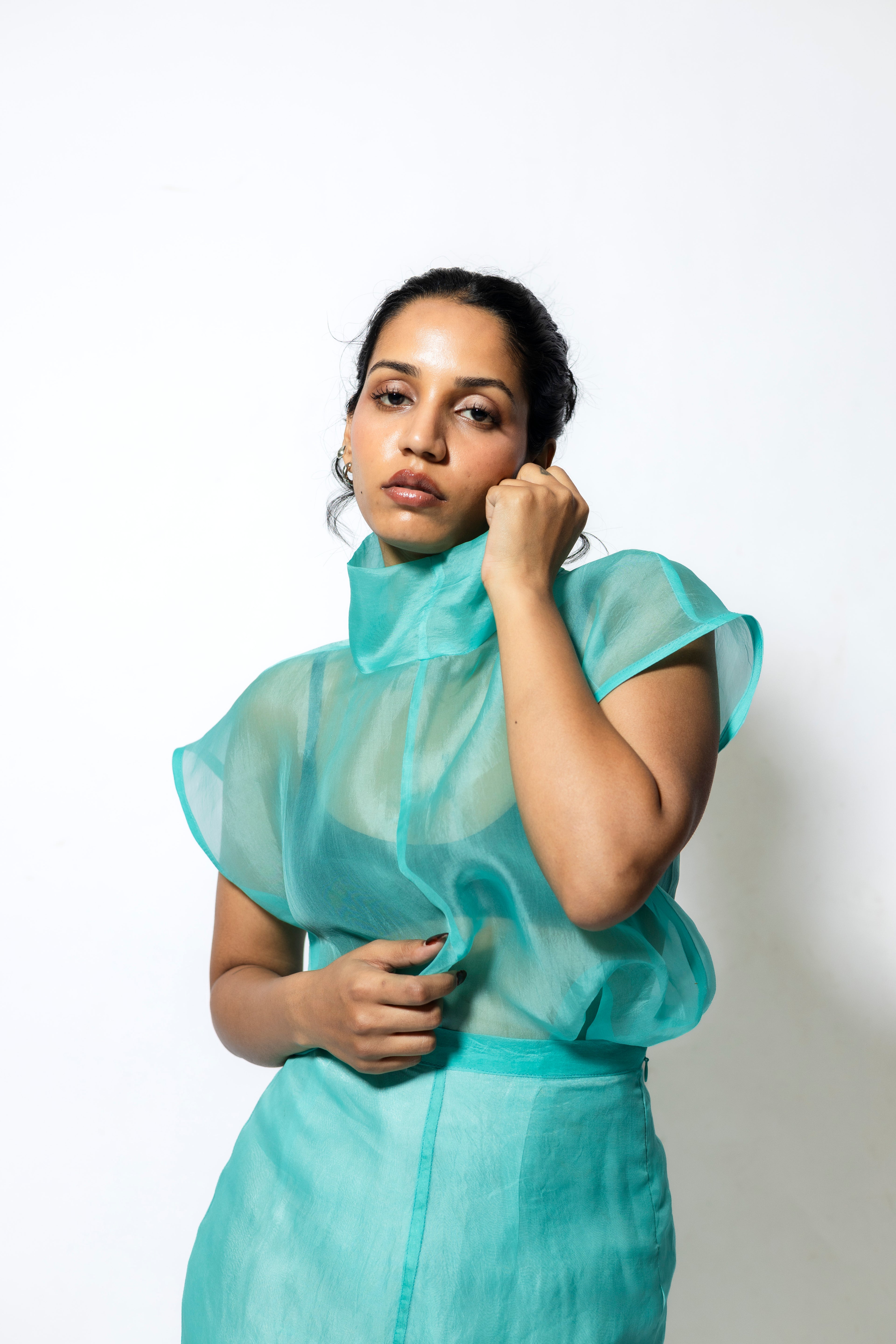 Sheer Organza Cowl Neck Top with Cap Sleeves – Aqua