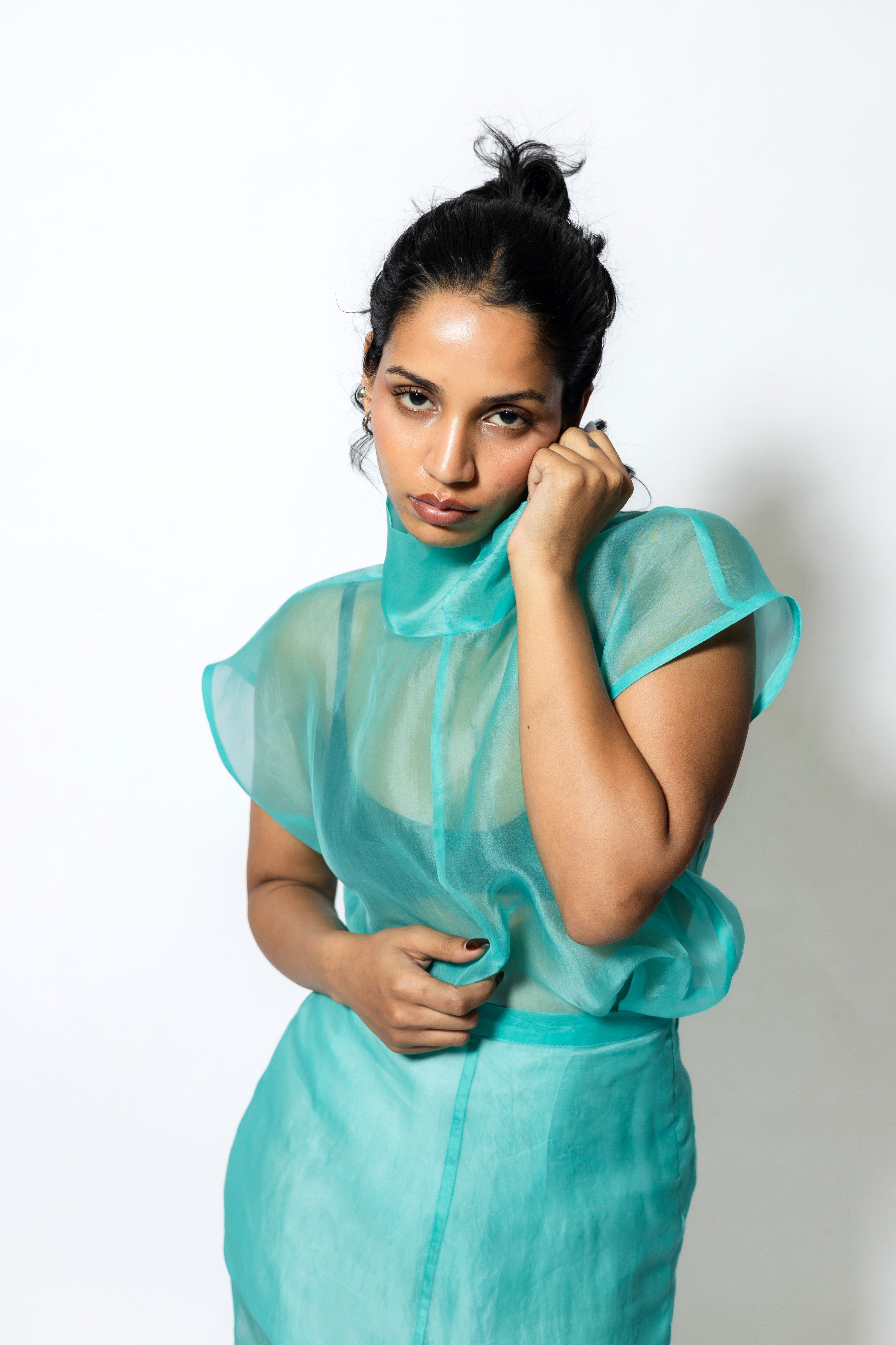 Sheer Organza Cowl Neck Top with Cap Sleeves – Aqua