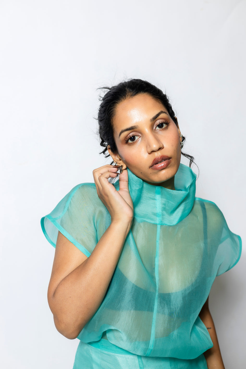 Sheer Organza Cowl Neck Top with Cap Sleeves – Aqua
