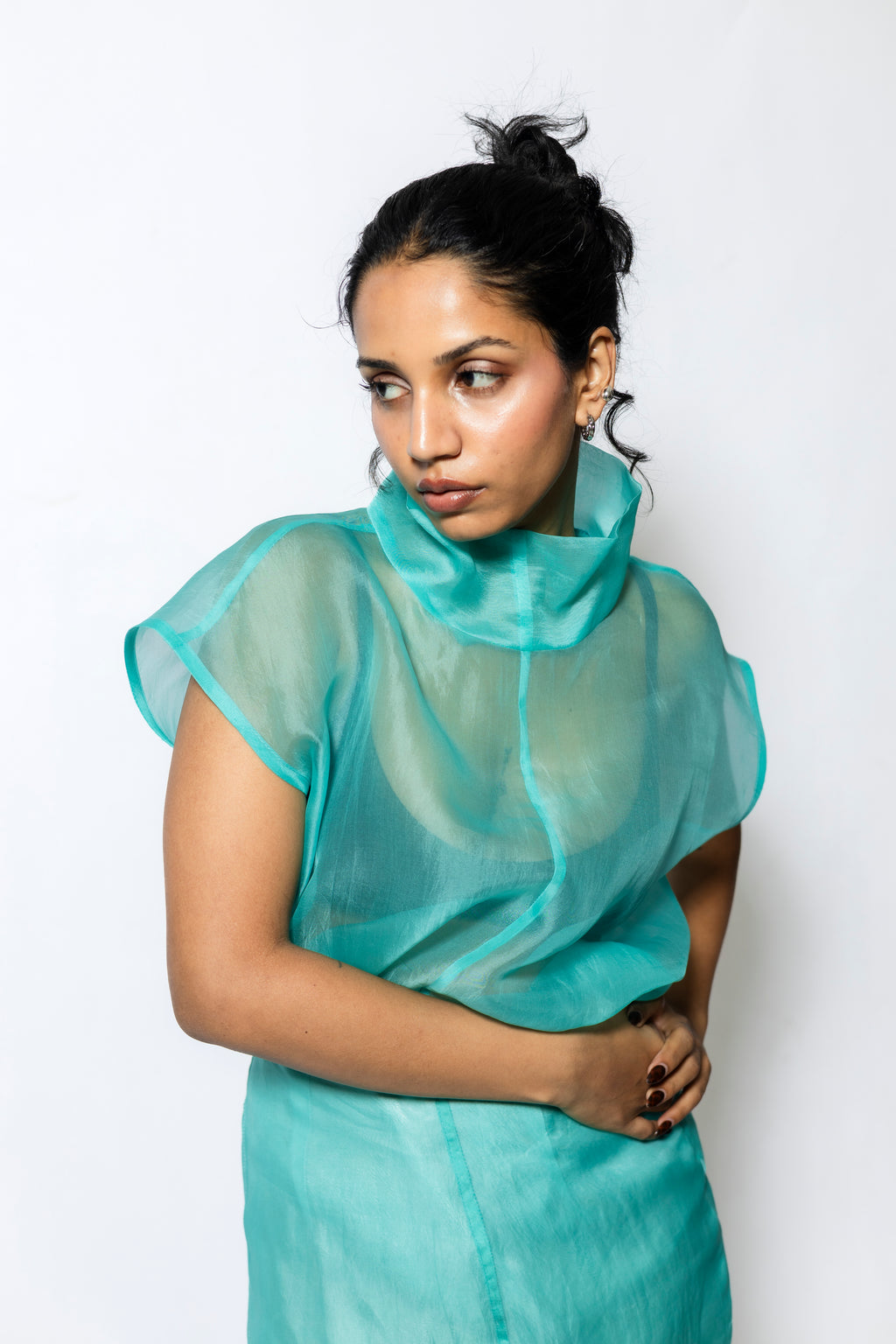 Sheer Organza Cowl Neck Top with Cap Sleeves – Aqua