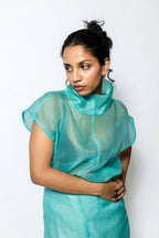 Sheer Organza Cowl Neck Top with Cap Sleeves – Aqua