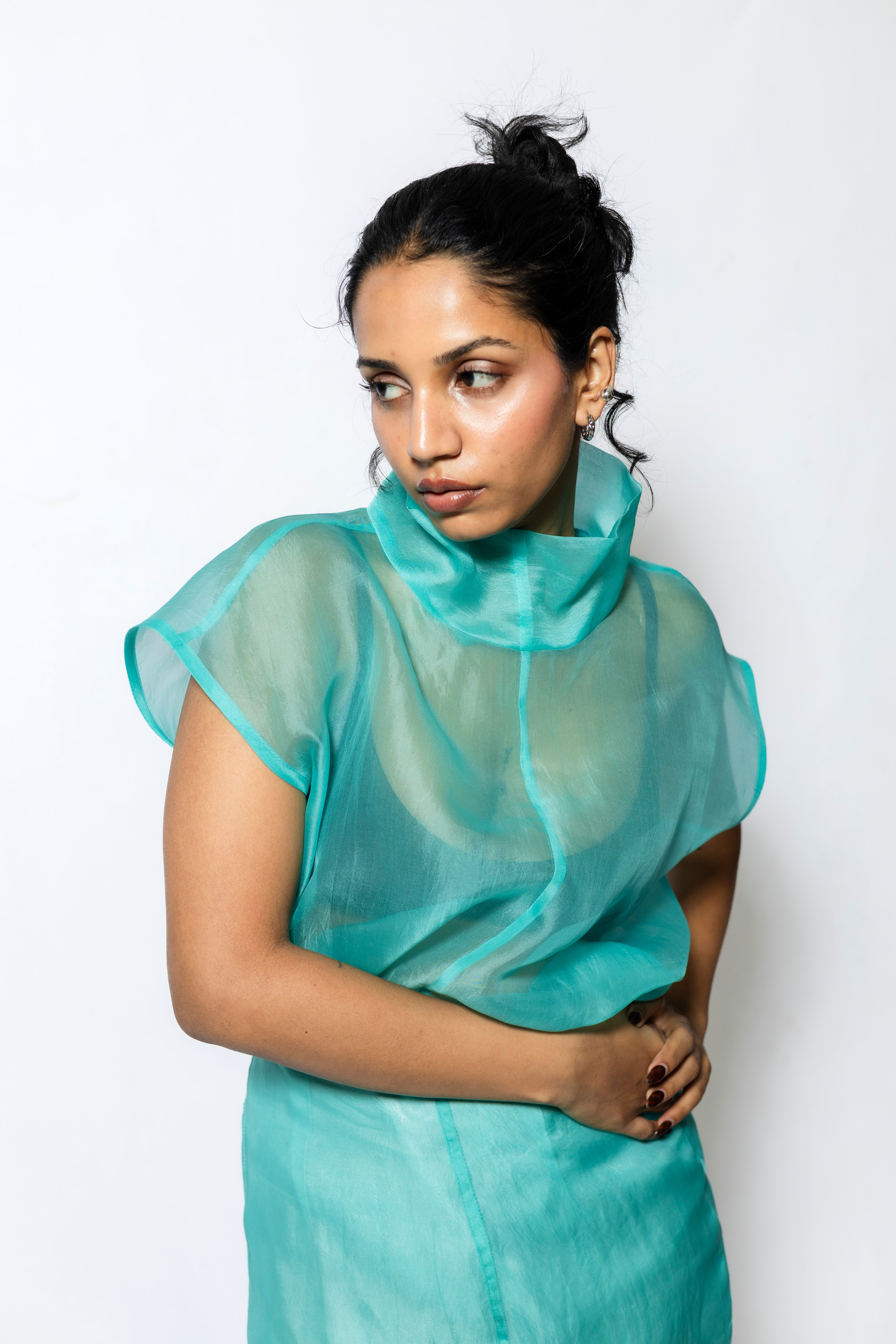 Sheer Organza Cowl Neck Top with Cap Sleeves – Aqua