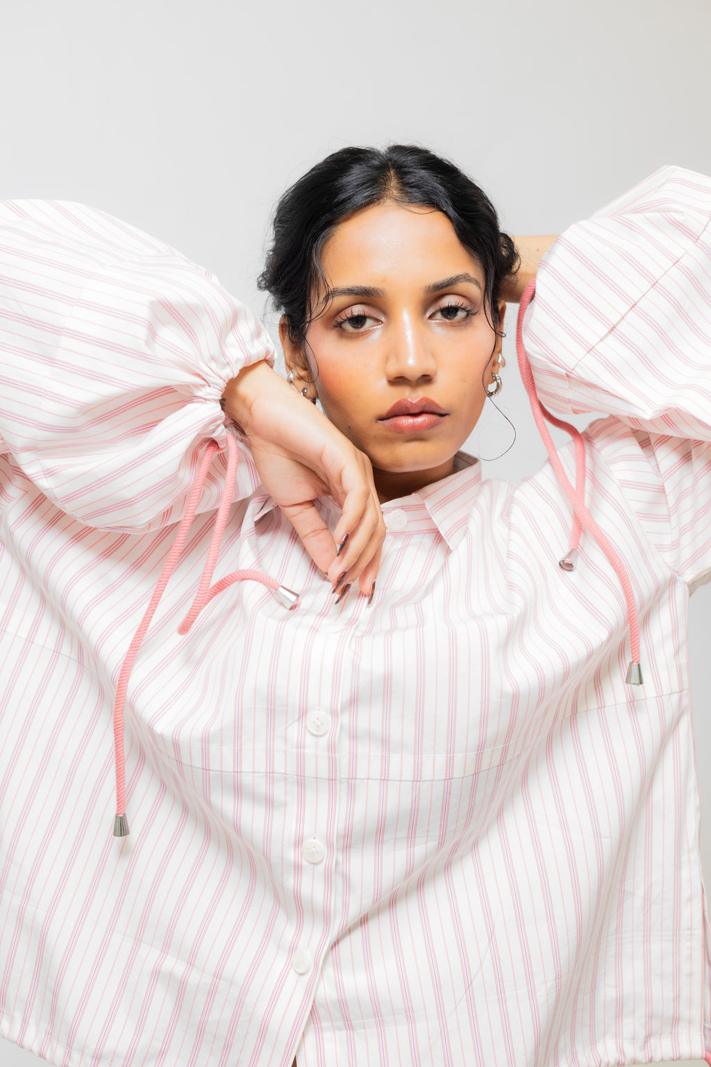 Balloon Sleeve Cotton Shirt with Drawstrings – White & Pink