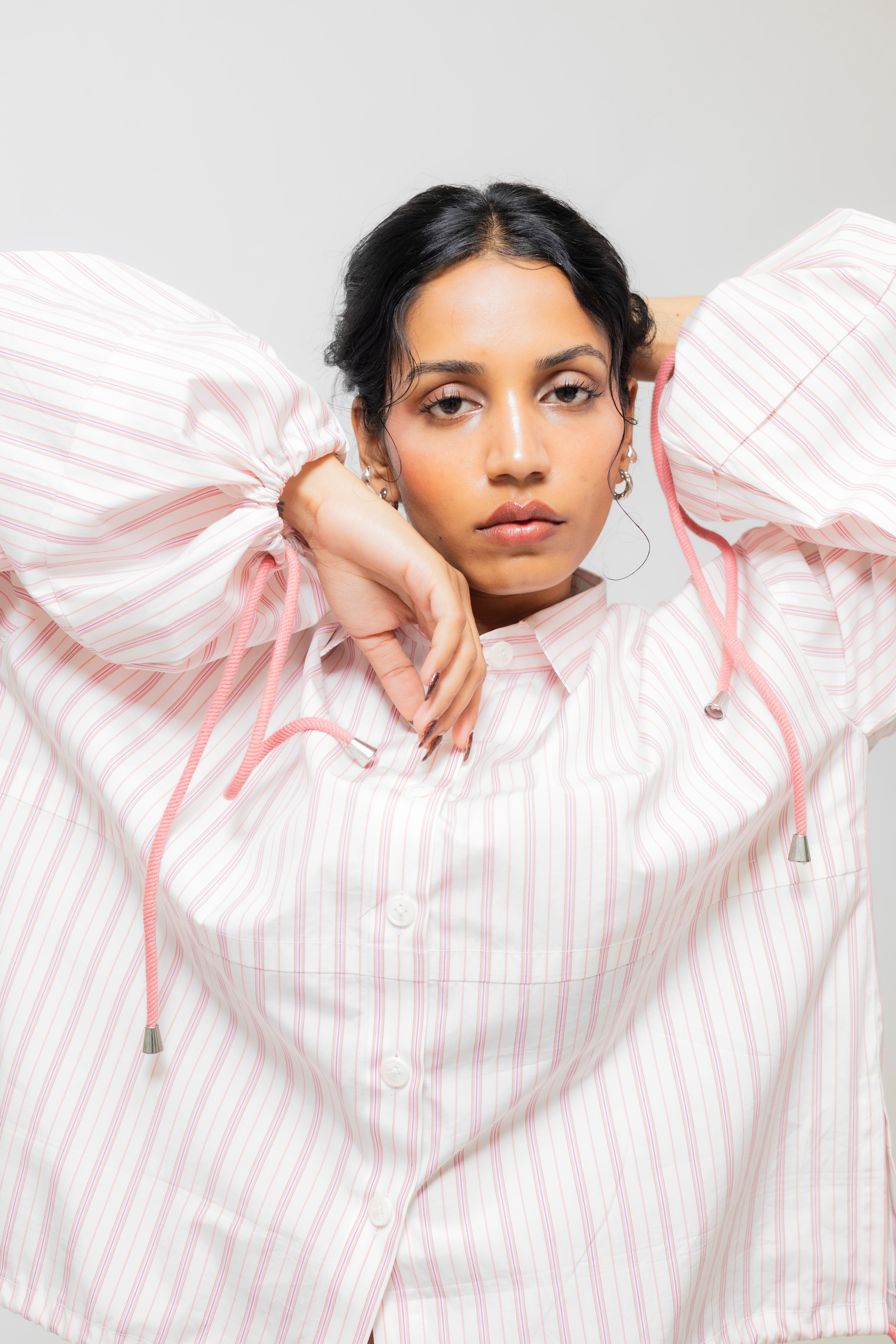 Balloon Sleeve Cotton Shirt with Drawstrings – White & Pink