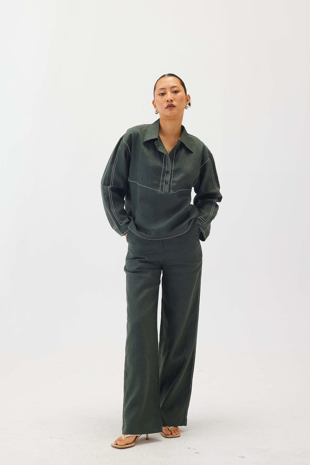 Linen Top Stitch Detail Pants | Dark Green