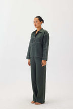 Linen Top Stitch Detail Pants | Dark Green