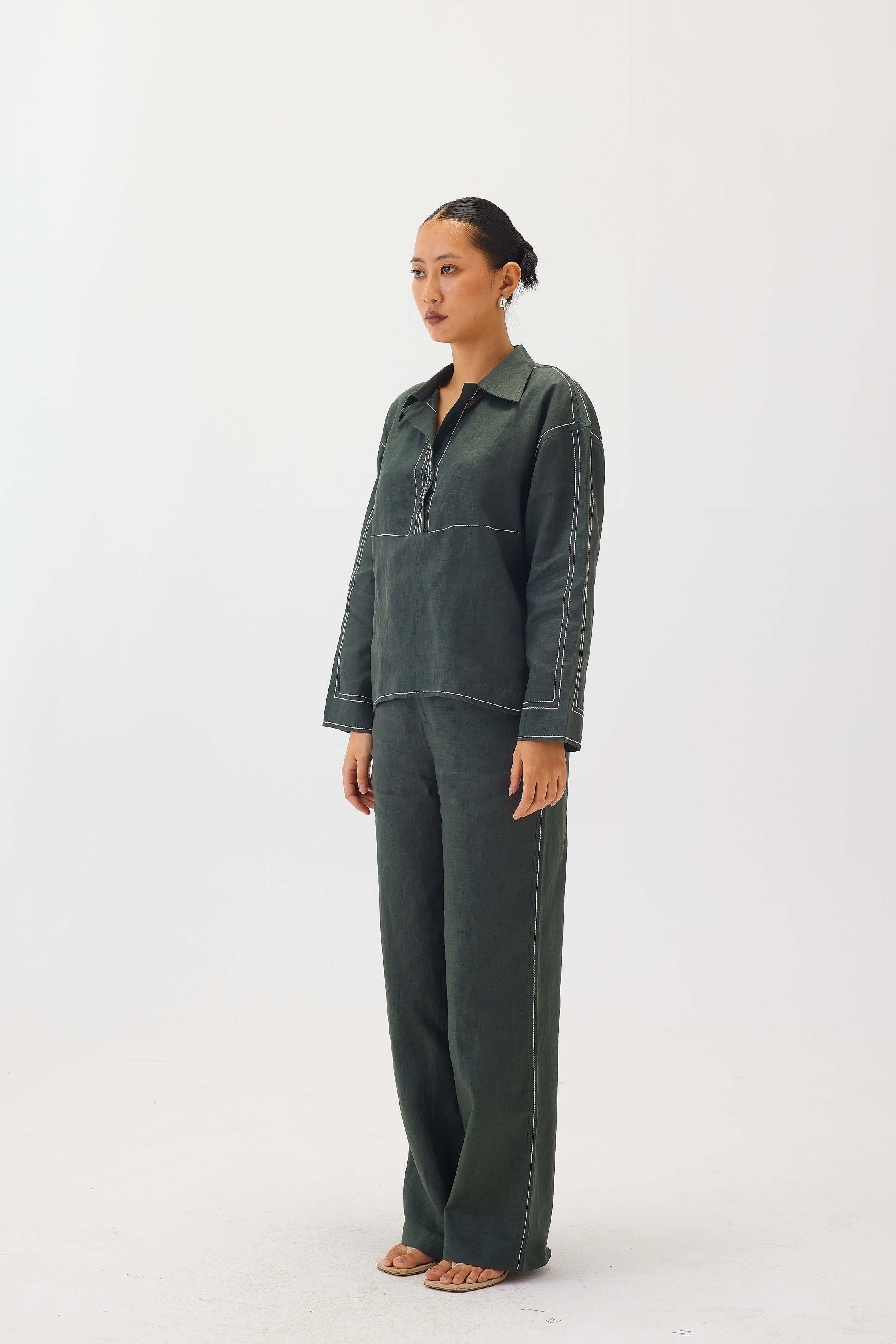 Linen Top Stitch Detail Pants | Dark Green