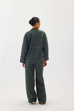 Linen Top Stitch Detail Pants | Dark Green