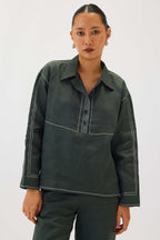 Linen Top Stitch Detail Top | Dark Green