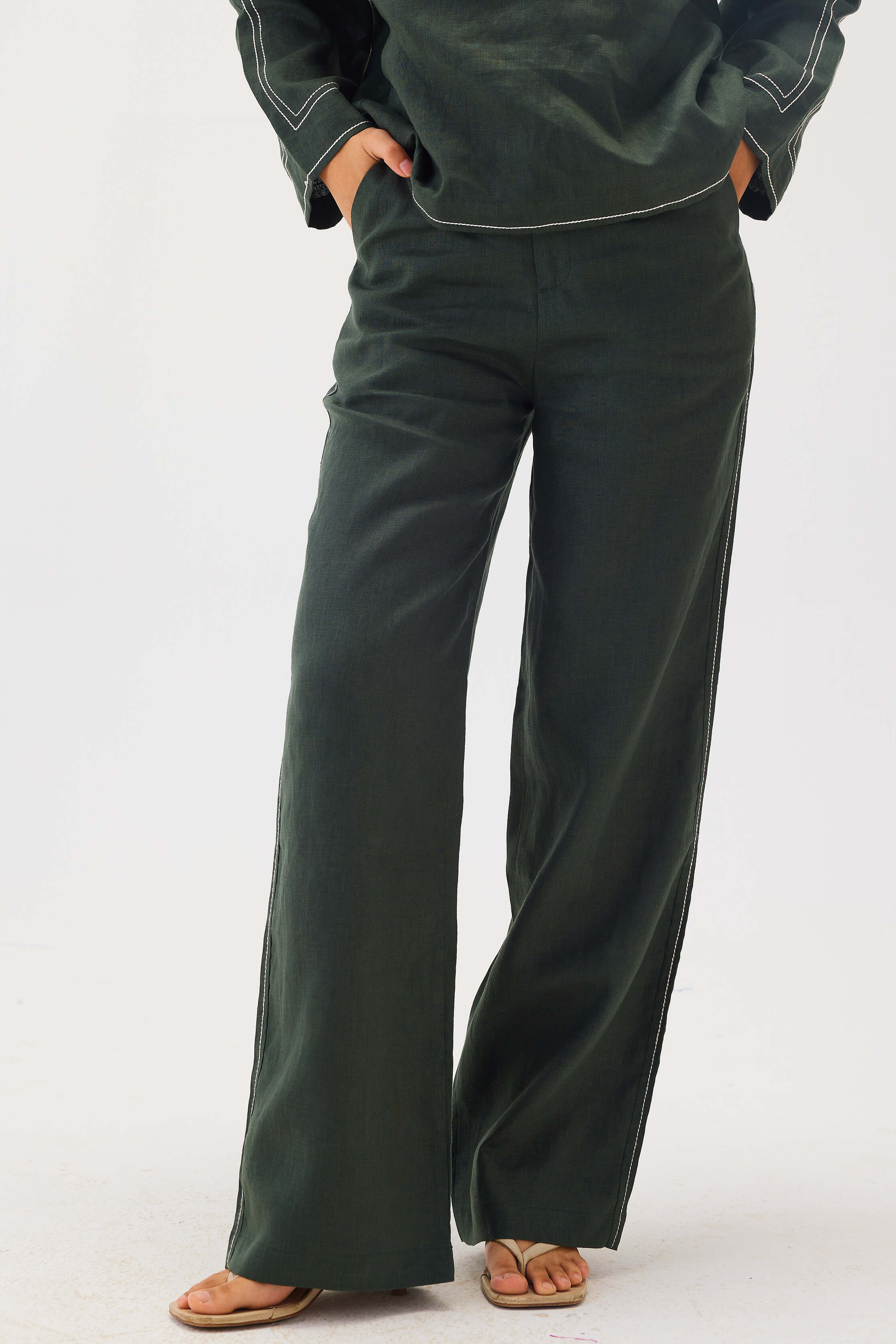 Linen Top Stitch Detail Pants | Dark Green