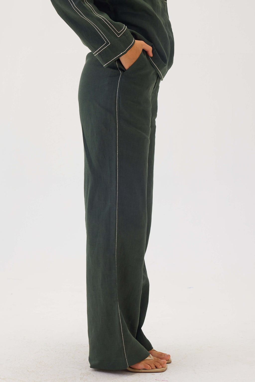 Linen Top Stitch Detail Pants | Dark Green