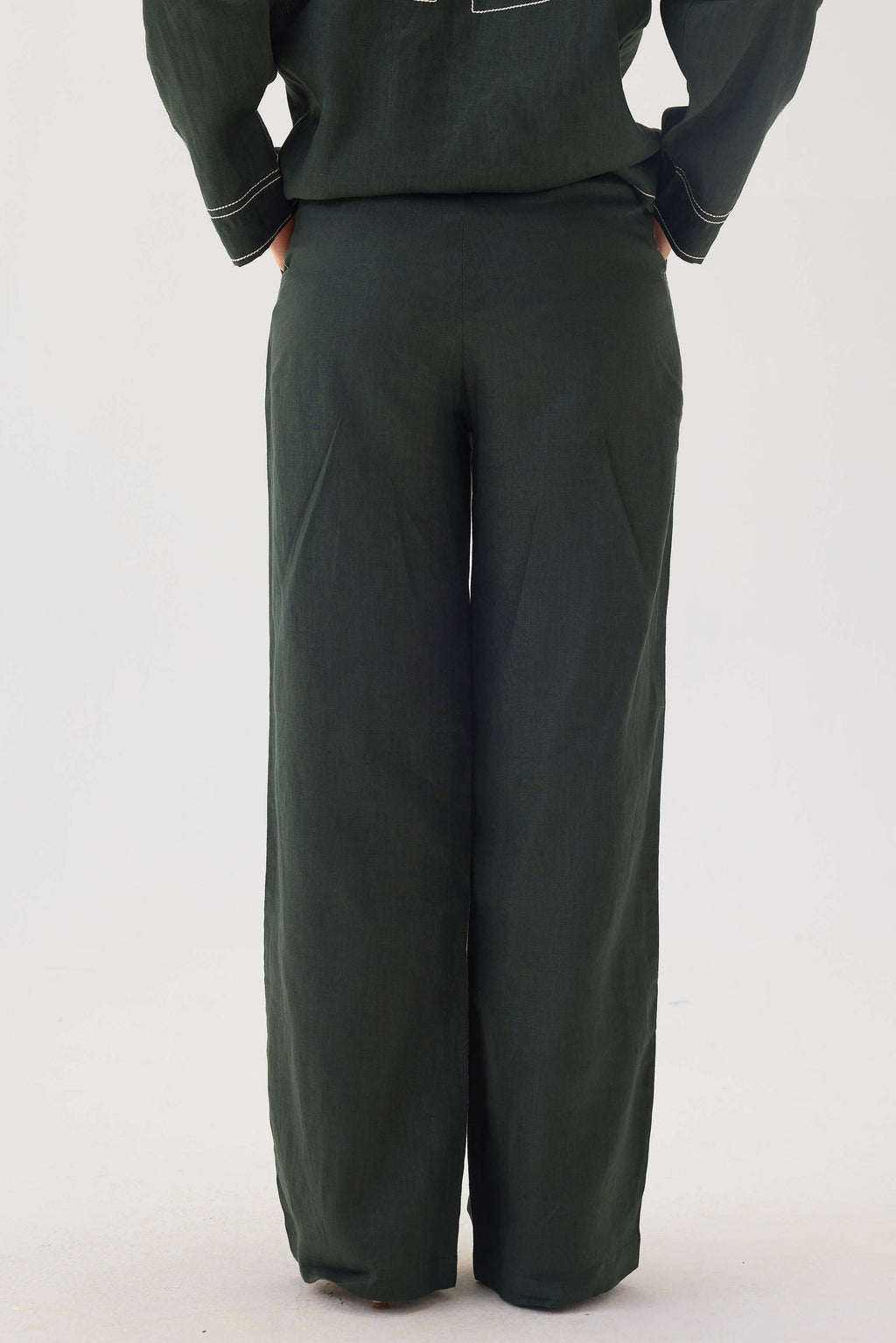 Linen Top Stitch Detail Pants | Dark Green