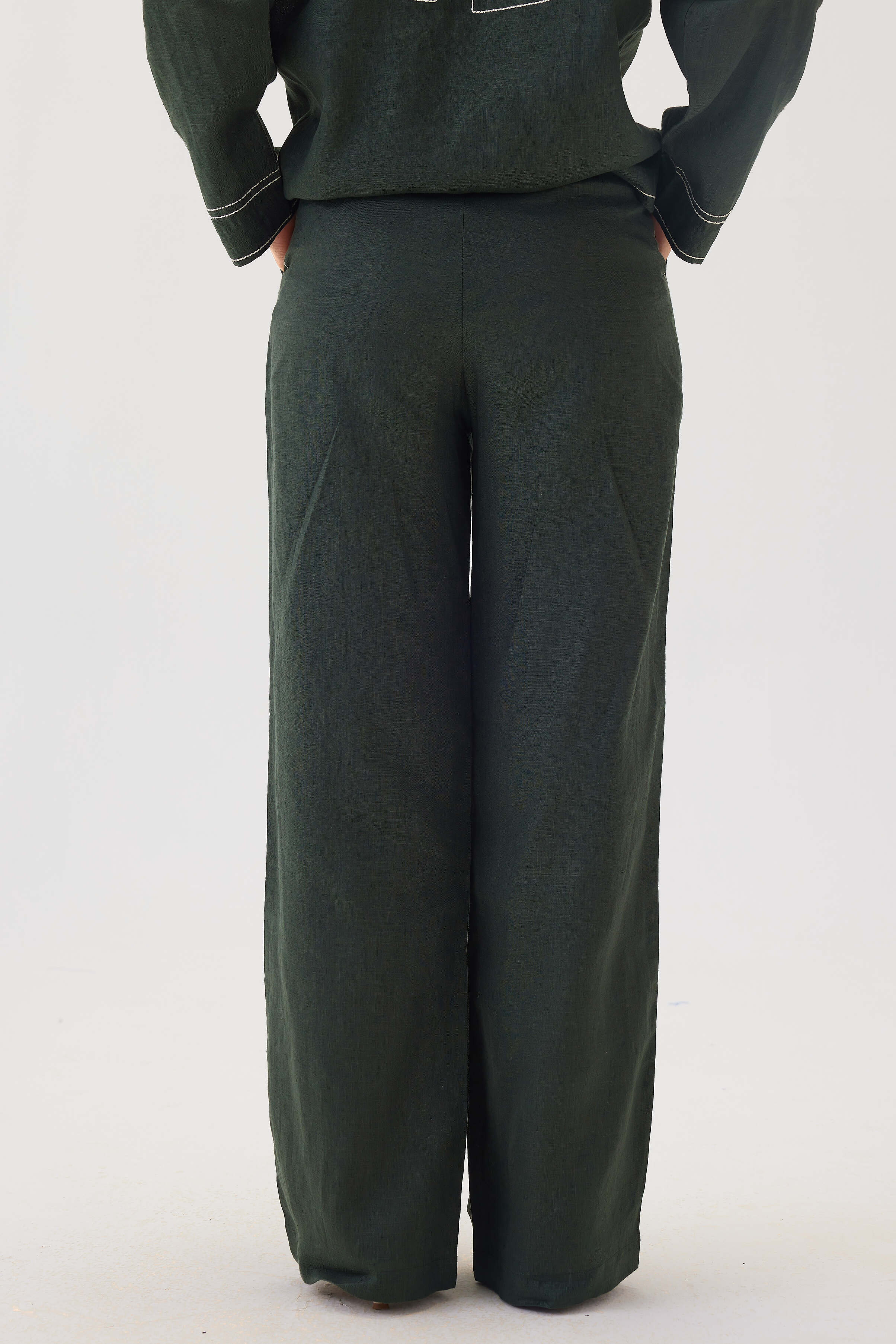 Linen Top Stitch Detail Pants | Dark Green
