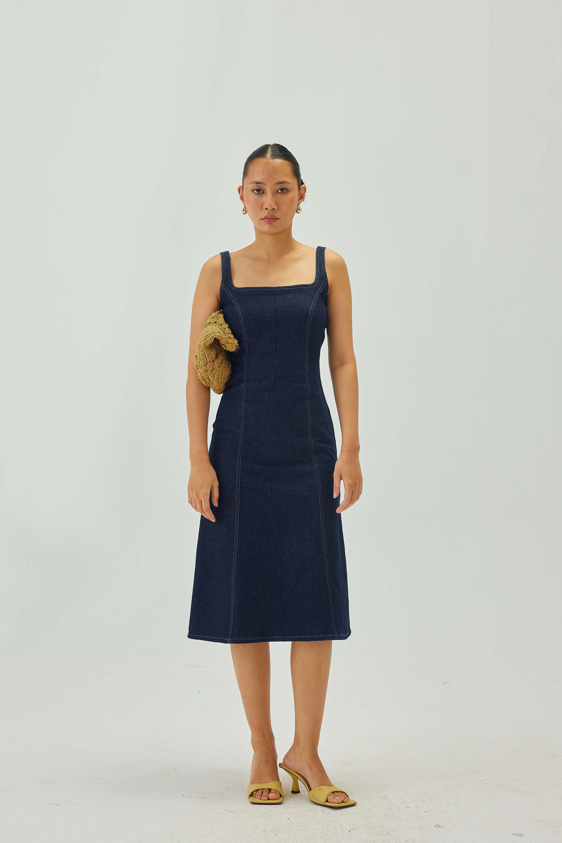 Denim Midi Dress with Deep Back Detail | Blue