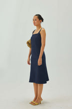 Denim Midi Dress with Deep Back Detail | Blue