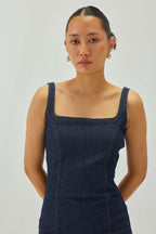 Denim Midi Dress with Deep Back Detail | Blue