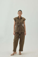 Top Stitch Detail High Waist Straight Pants | Olive Green