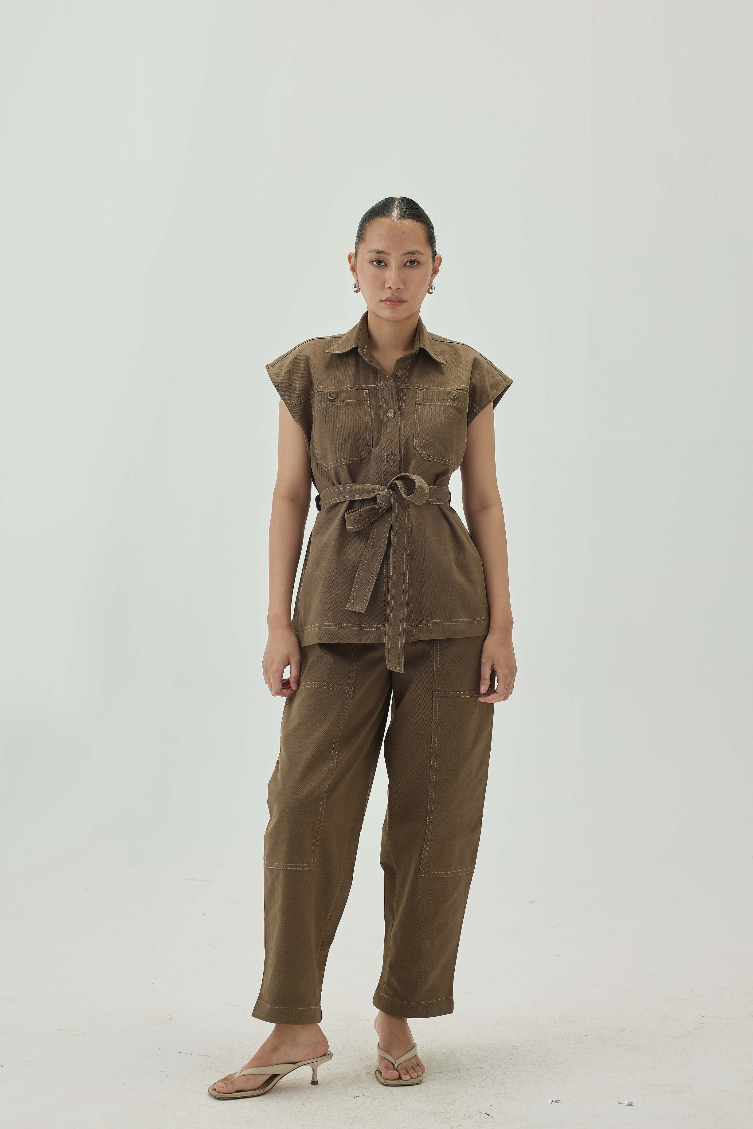 Shacket with Belt and Top Stitch Detail | Olive Green