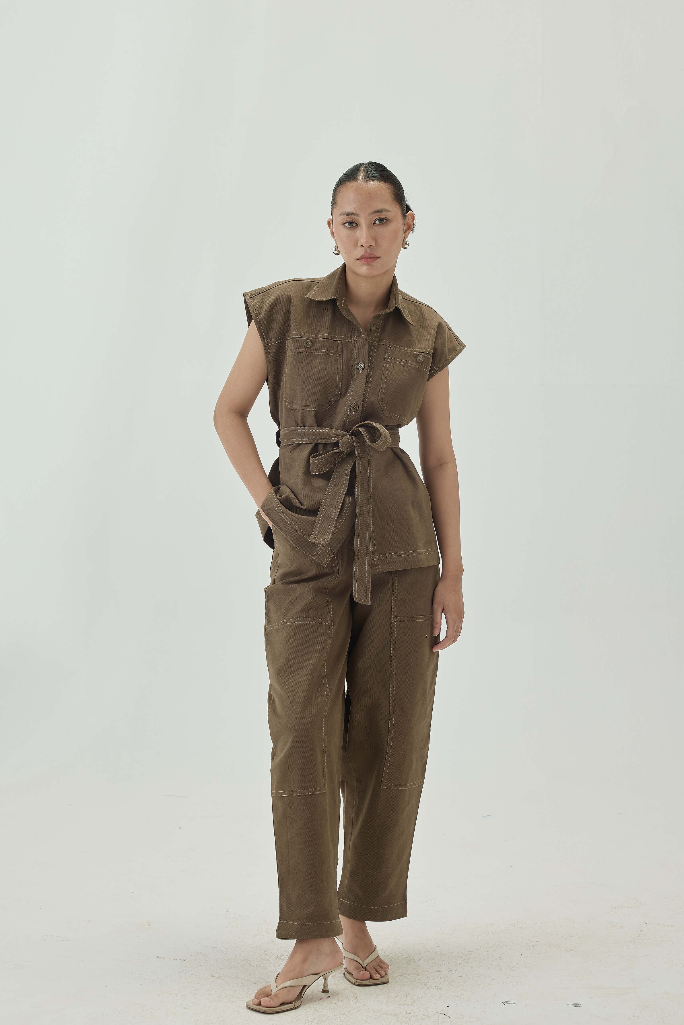 Top Stitch Detail High Waist Straight Pants | Olive Green