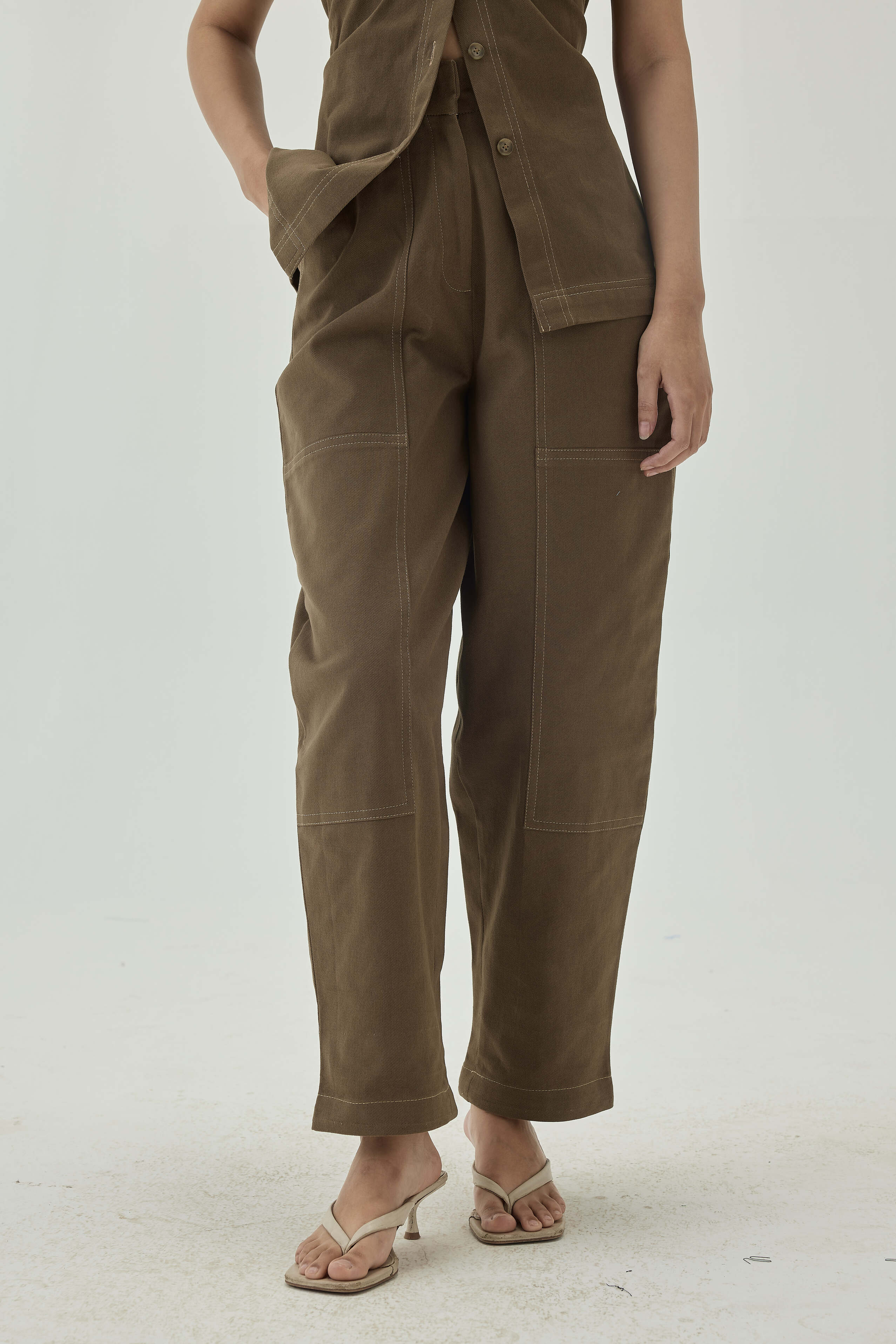 Top Stitch Detail High Waist Straight Pants | Olive Green