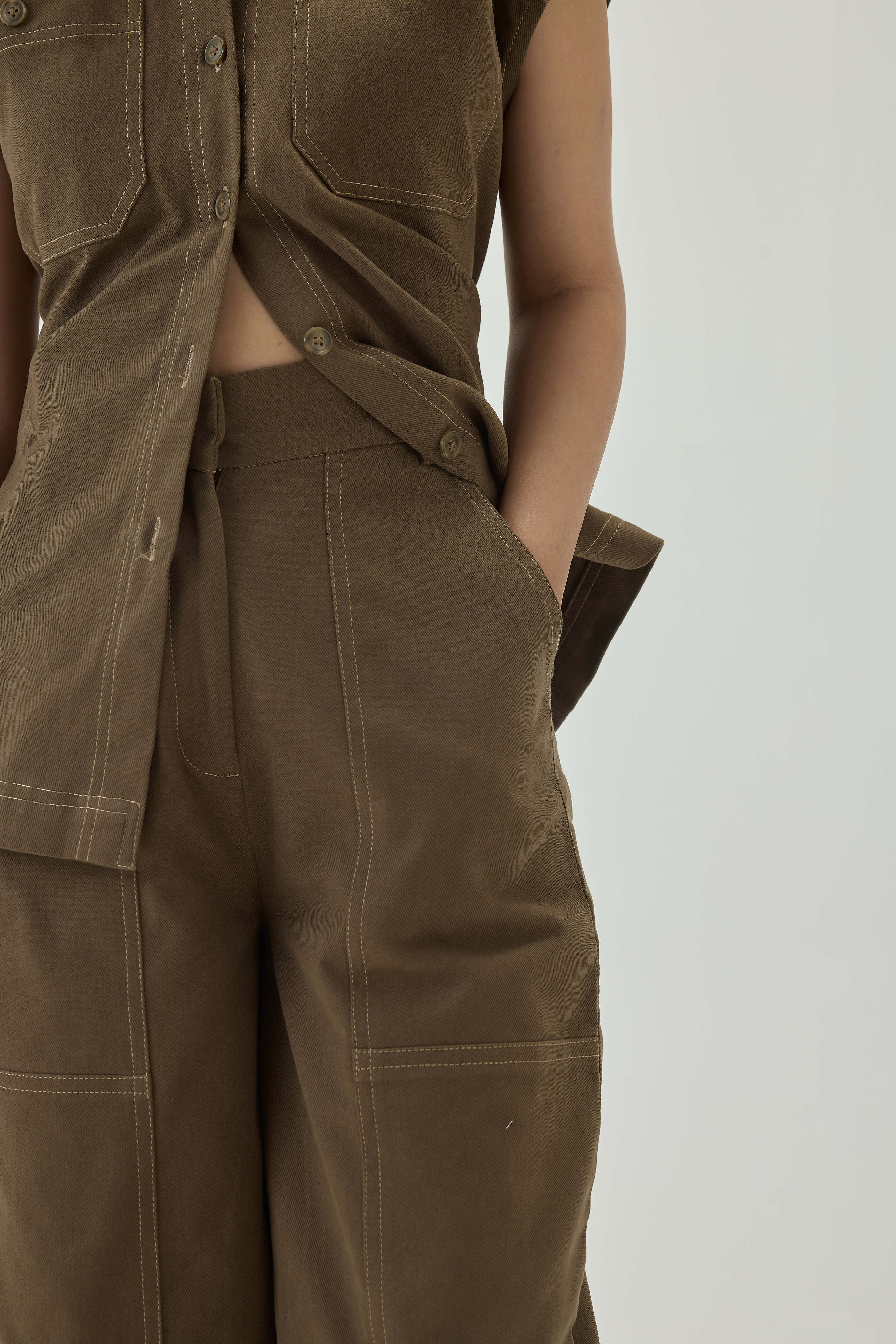 Top Stitch Detail High Waist Straight Pants | Olive Green