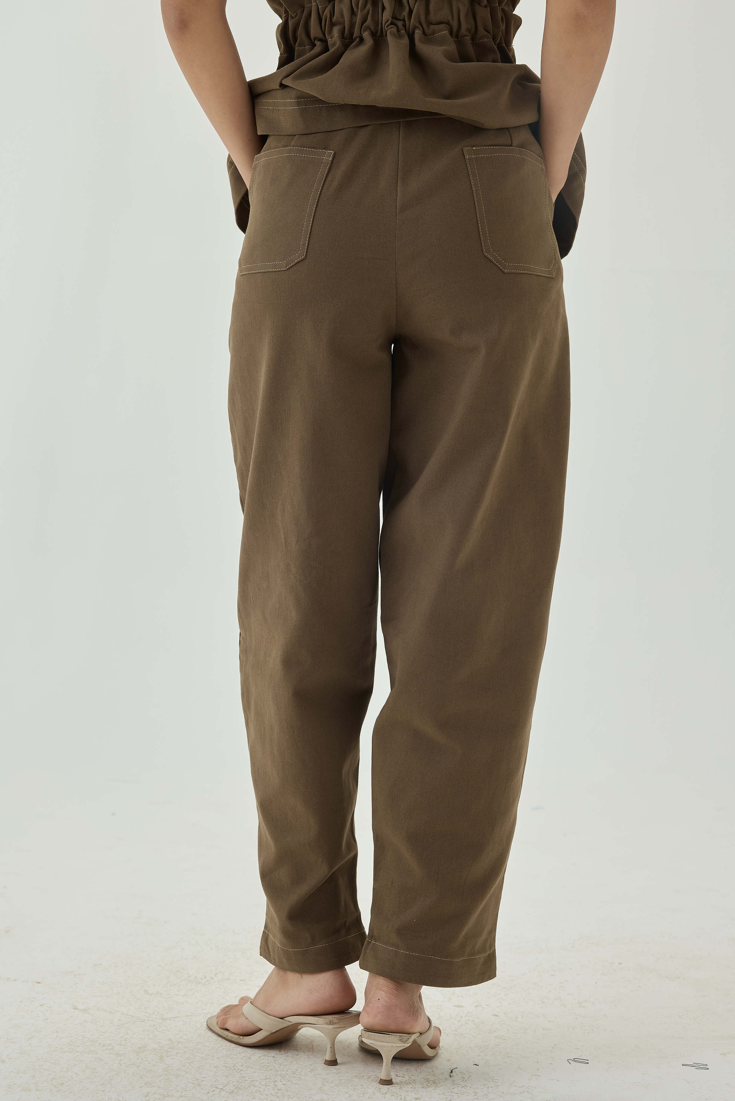 Top Stitch Detail High Waist Straight Pants | Olive Green