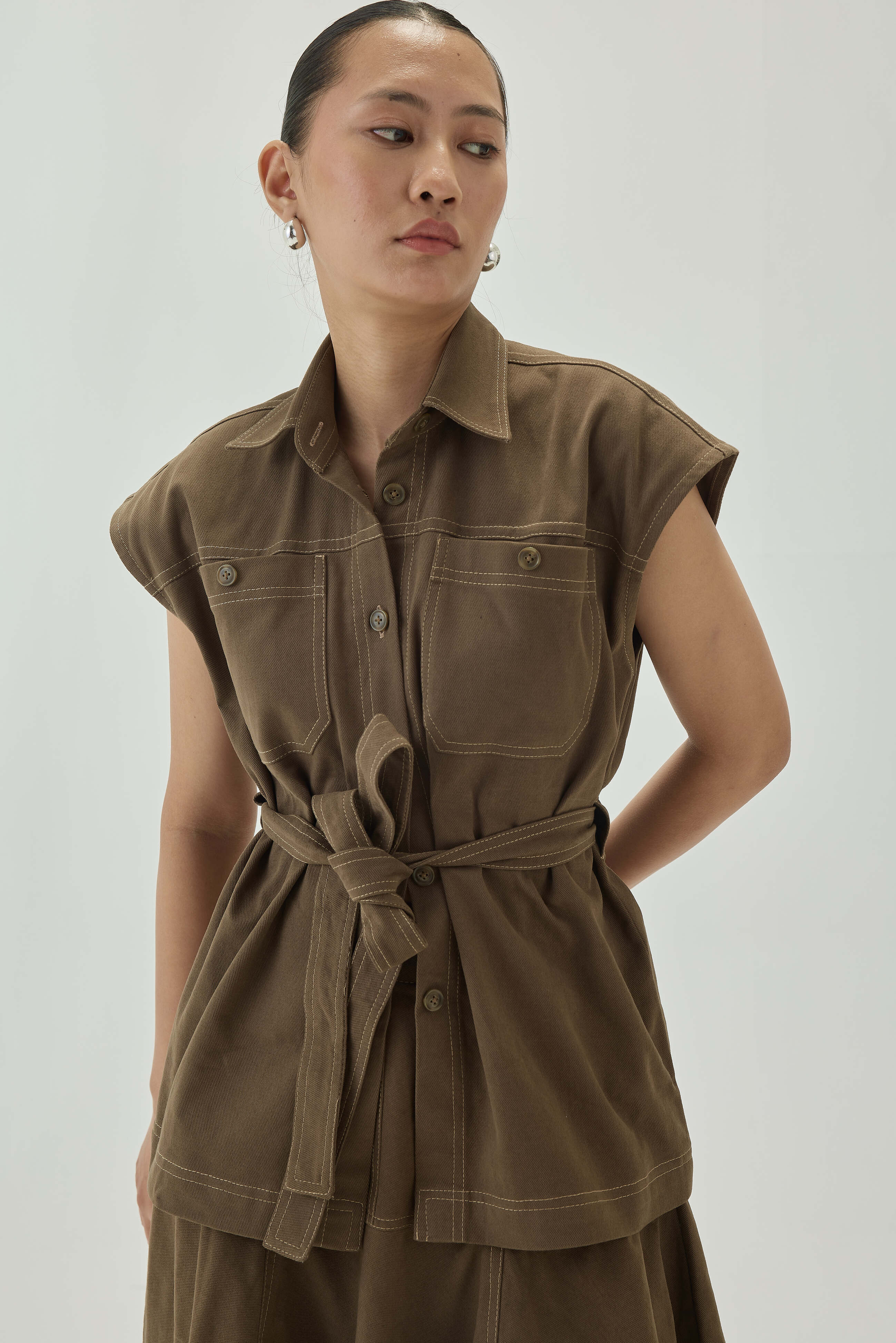 Shacket with Belt and Top Stitch Detail | Olive Green